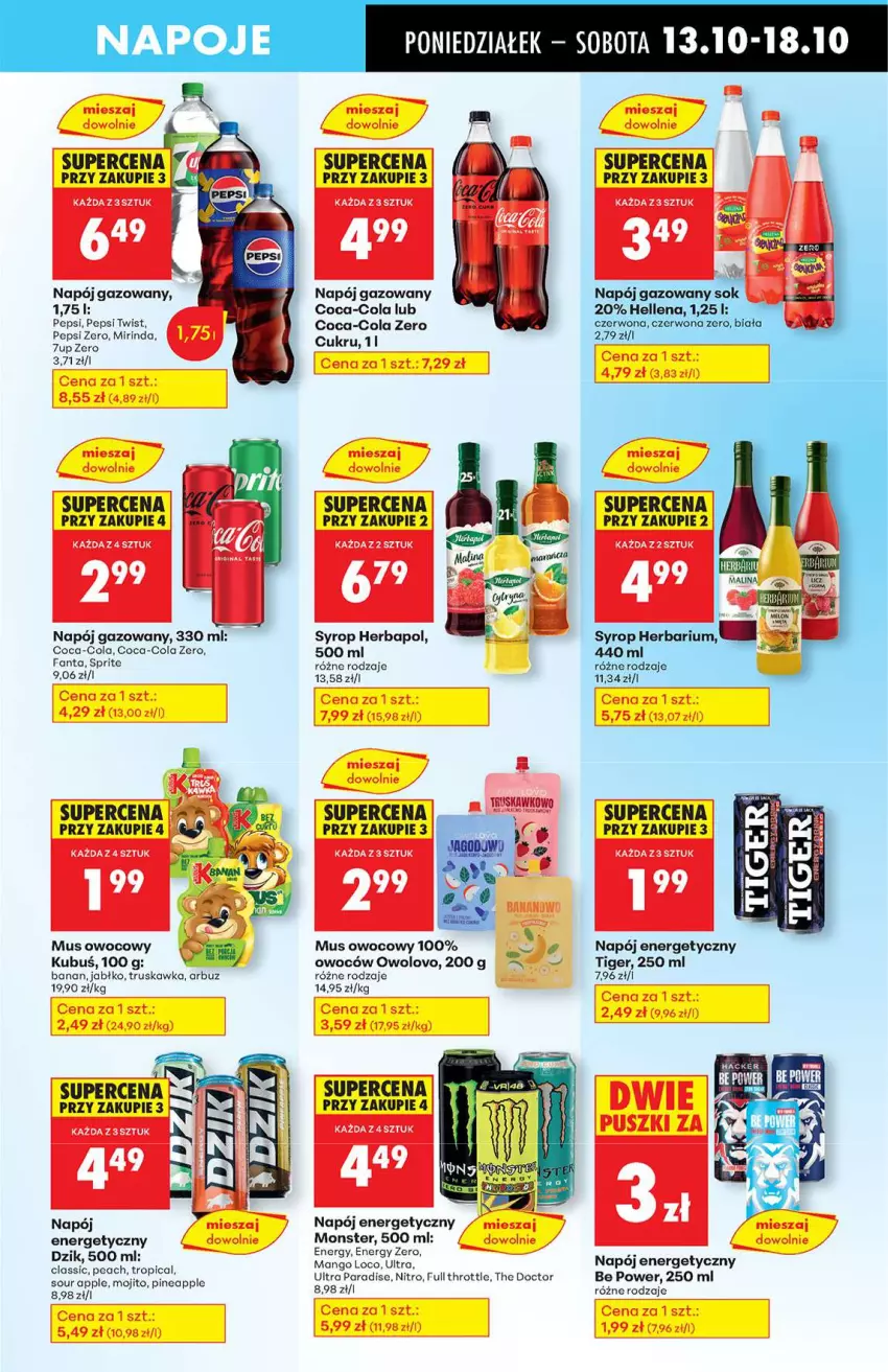 Gazetka promocyjna Biedronka - Od poniedziałku 13.10 - ważna 13.10 do 18.10.2025 - strona 51 - produkty: Arbuz, Coca-Cola, Fa, Fanta, Full Throttle, Hellena, Herbapol, Kubuś, Mango, Mirinda, Mus, Napój, Napój energetyczny, Napój gazowany, Napoje, Pepsi, Sprite, Syrop, Tiger, Tropical