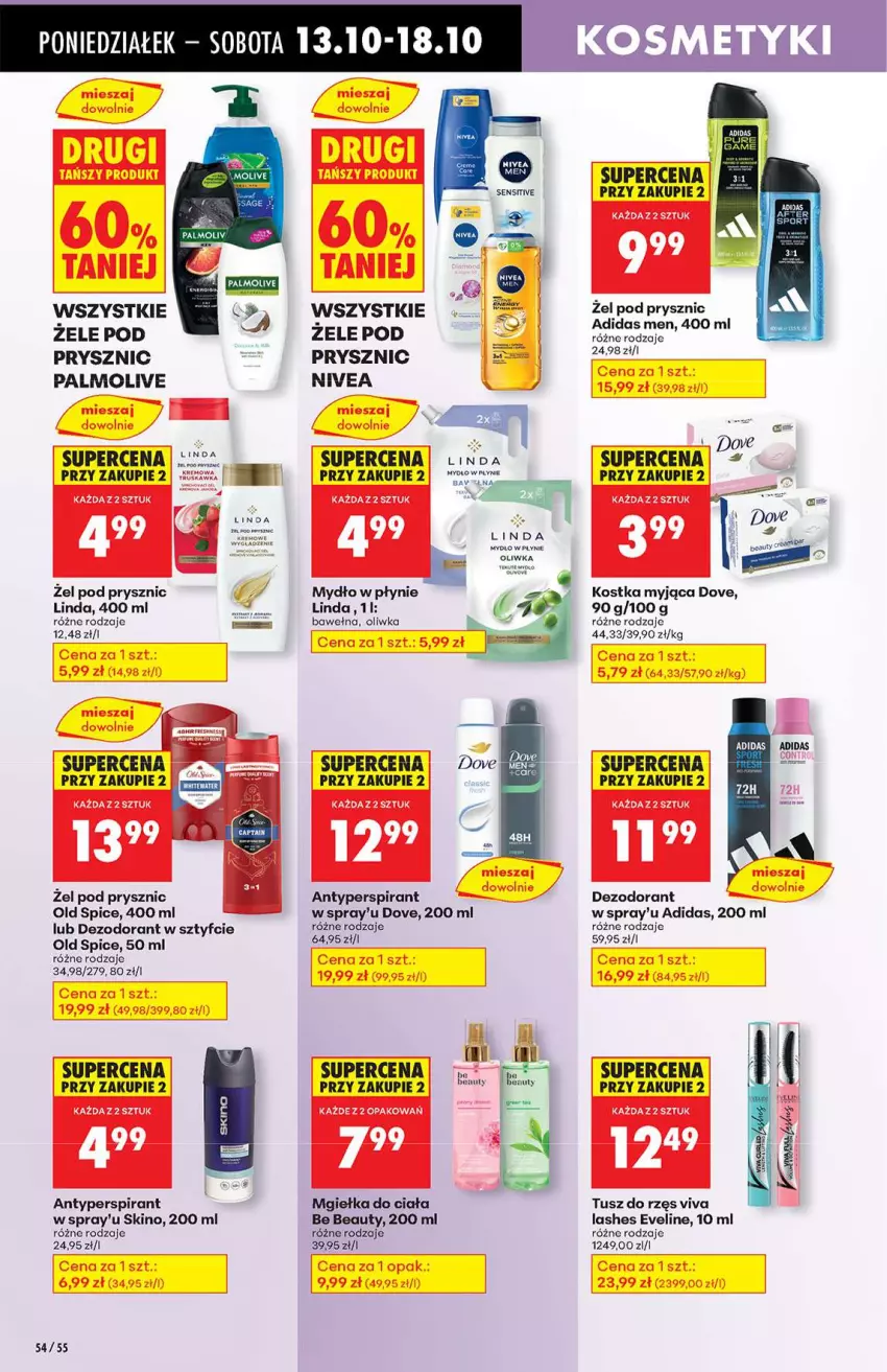 Gazetka promocyjna Biedronka - Od poniedziałku 13.10 - ważna 13.10 do 18.10.2025 - strona 54 - produkty: Adidas, Antyperspirant, Be Be, Dezodorant, Dove, Eveline, Kostka myjąca, Mydło, Mydło w płynie, Nivea, Nuty, Old Spice, Palmolive, Tusz, Wełna