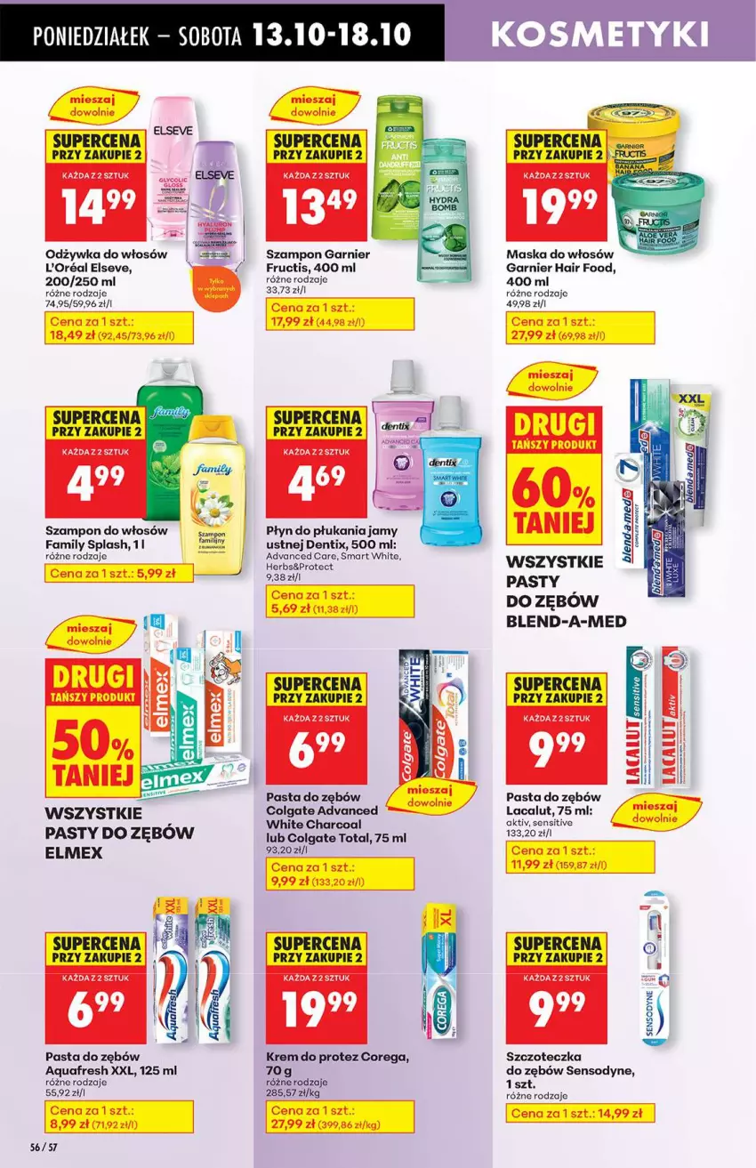 Gazetka promocyjna Biedronka - Od poniedziałku 13.10 - ważna 13.10 do 18.10.2025 - strona 56 - produkty: Advanced Care, Aquafresh, Blend-a-Med, Colgate, Colgate Total, Corega, Elmex, Elseve, Fa, Fructis, Garnier, Lacalut, LG, Maska, Maska do włosów, Odżywka, Pasta do zębów, Płyn do płukania, Płyn do płukania jamy ustnej, Sensodyne, Szampon, Szczoteczka, Szczoteczka do zębów