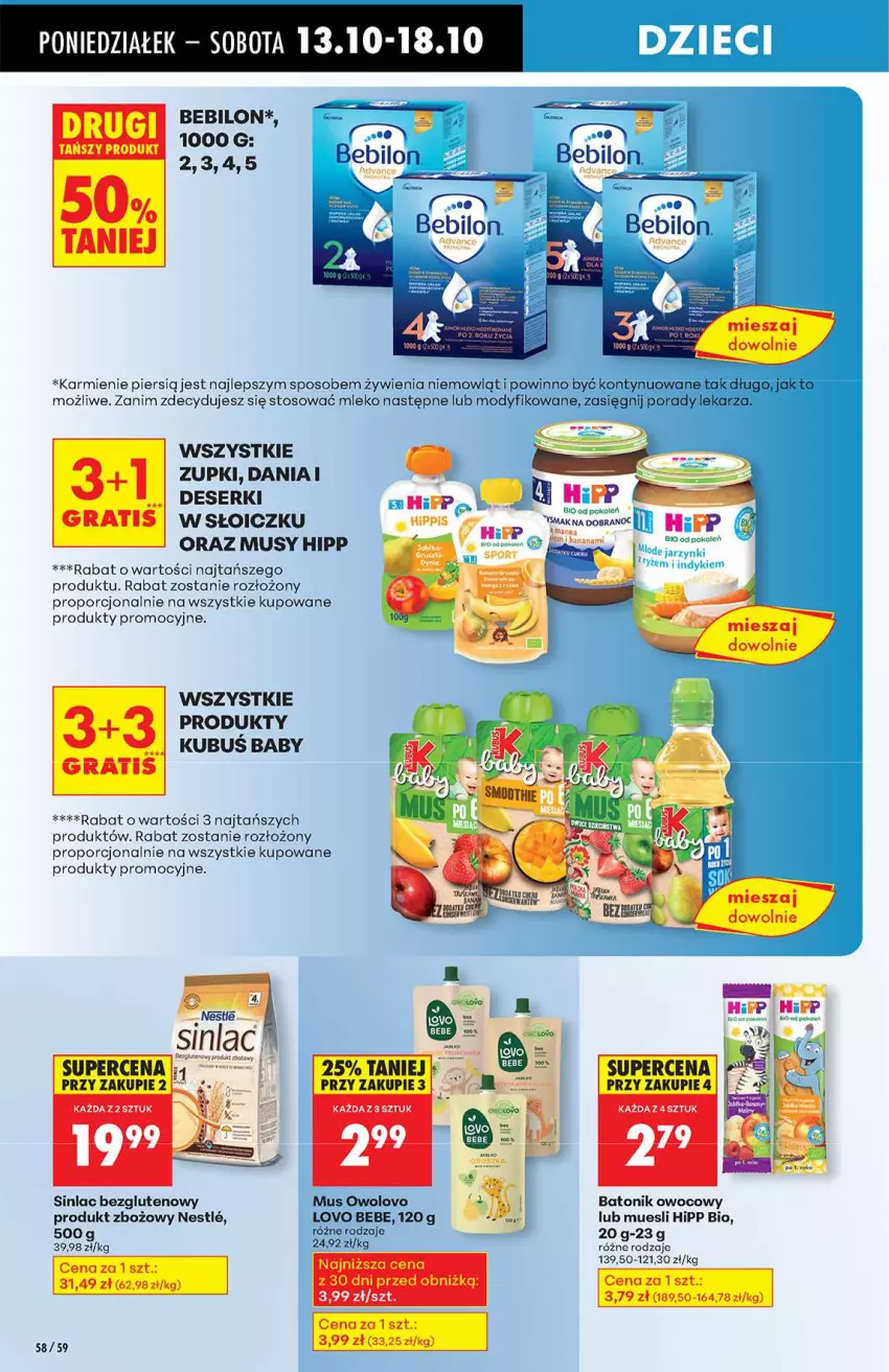 Gazetka promocyjna Biedronka - Od poniedziałku 13.10 - ważna 13.10 do 18.10.2025 - strona 58 - produkty: Baton, BEBILON, Deser, Gra, HiPP, Hipp Bio, Karmi, Kubuś, Mleko, Mus, O nas, Por, Ser, Sinlac, Tonik