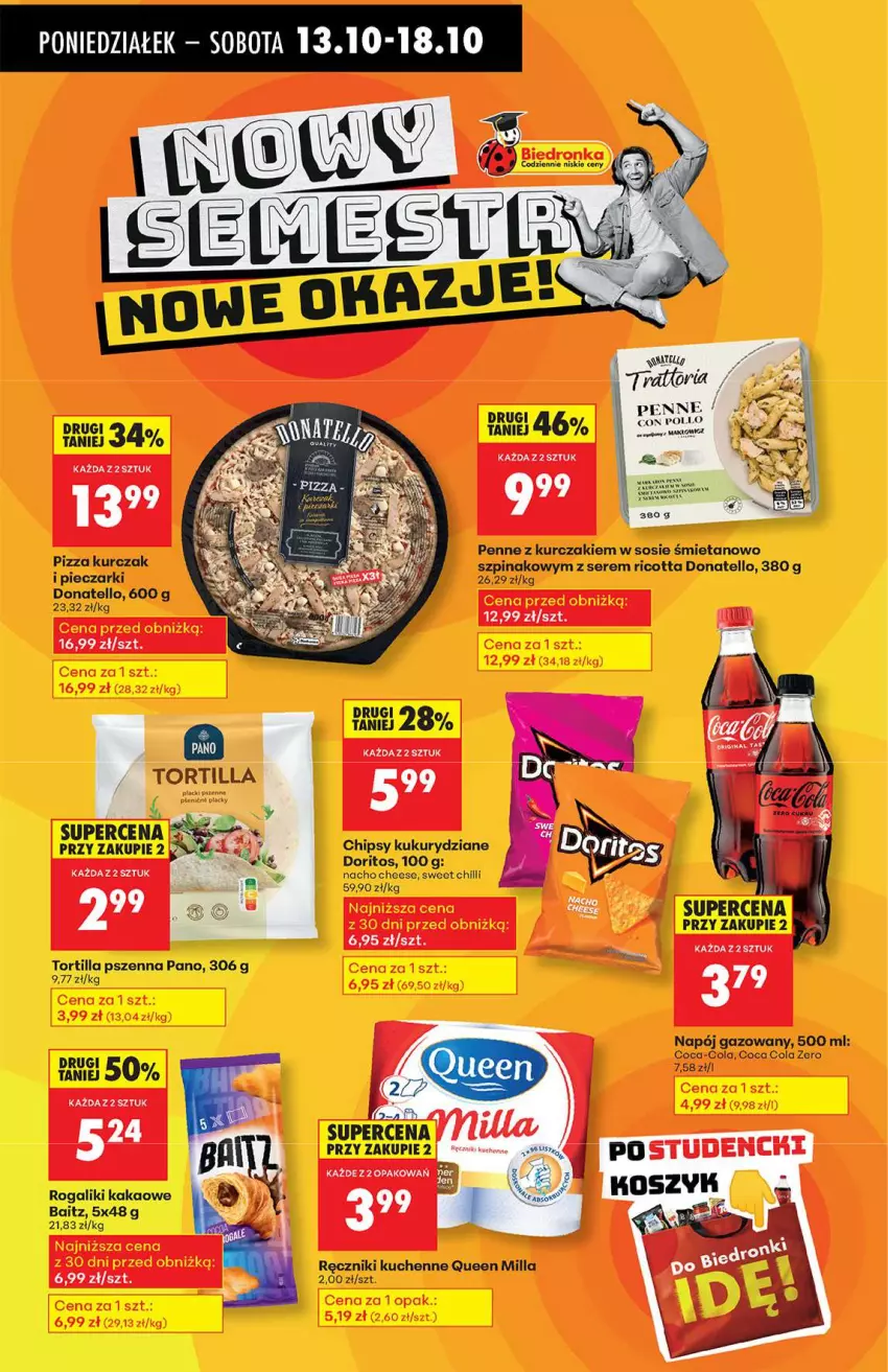 Gazetka promocyjna Biedronka - Od poniedziałku 13.10 - ważna 13.10 do 18.10.2025 - strona 70 - produkty: Chipsy, Coca-Cola, Kakao, Kurczak, Napój, Napój gazowany, Penne, Piec, Pizza, Ręcznik, Ricotta, Rogal, Ser, Sos, Szpinak, Tortilla