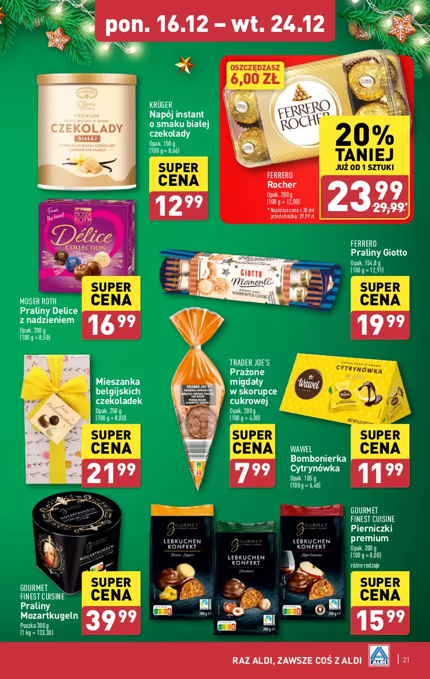 Gazetka promocyjna Aldi - Pełna oferta - ważna 16.12 do 24.12.2024 - strona 21 - produkty: Ferrero, Ferrero Rocher, LG, Migdały, Moser Roth, Napój, Praliny, Ser, Wawel