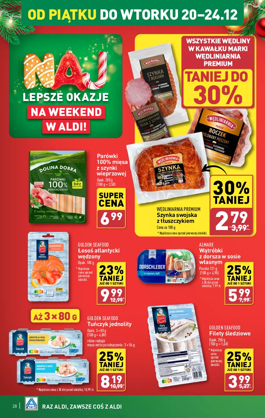 Gazetka promocyjna Aldi - Pełna oferta - ważna 16.12 do 24.12.2024 - strona 28 - produkty: Dorsz, Golden Seafood, Kawa, Parówki, Sos, Szynka, Tuńczyk