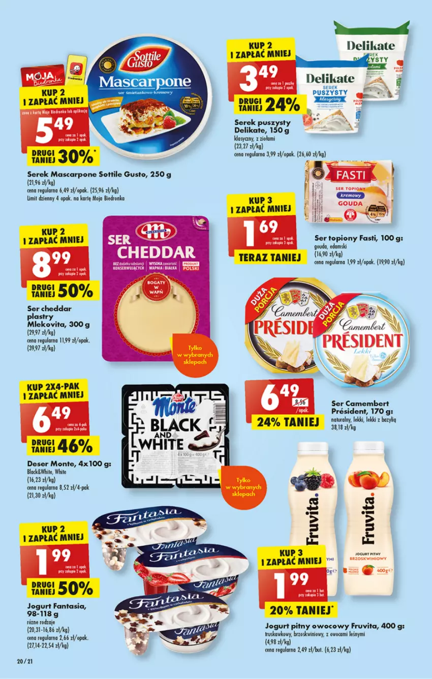 Gazetka promocyjna Biedronka - ważna 17.04 do 22.04.2023 - strona 20 - produkty: Bazyl, Camembert, Cheddar, Deser, Edam, Fa, Fanta, Gouda, Jogurt, Jogurt pitny, Lack, Mascarpone, Mleko, Monte, Ser, Ser topiony, Serek, Serek puszysty, Top