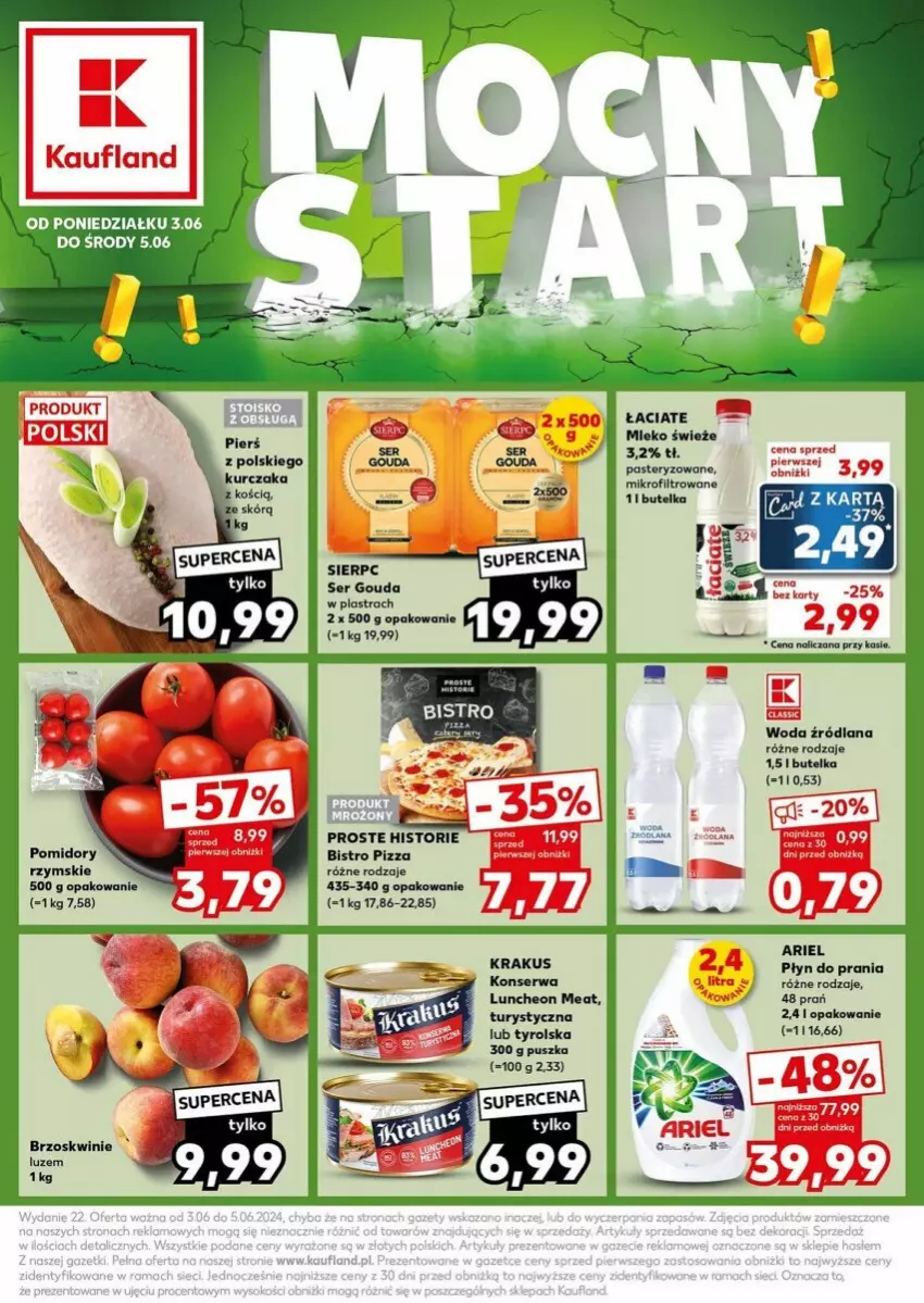 Gazetka promocyjna Kaufland - ważna 03.06 do 05.06.2024 - strona 1 - produkty: Ariel, Brzoskwinie, Gouda, Krakus, LANA, Pizza, Płyn do prania, Pomidory, Ser, Woda