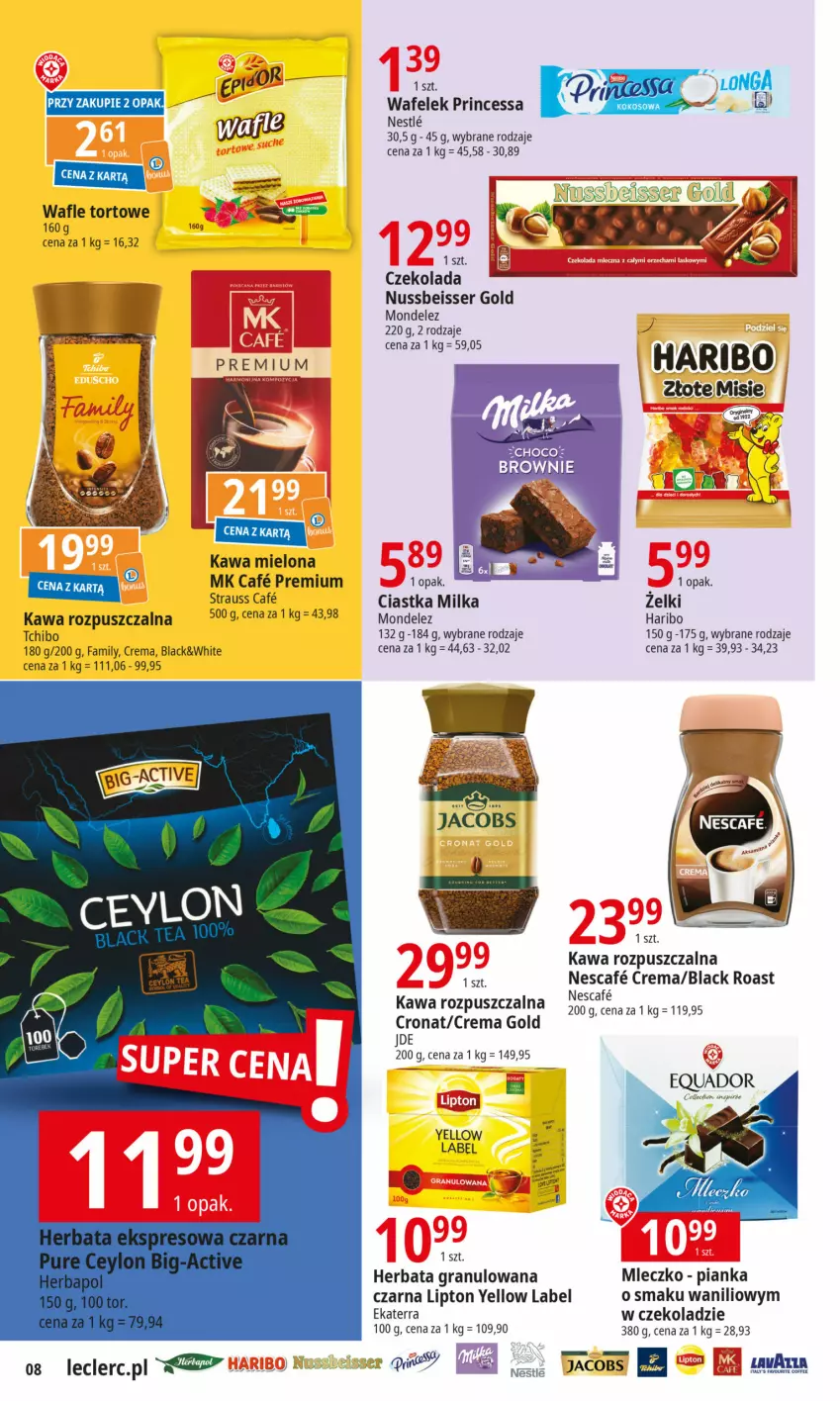 Gazetka promocyjna E Leclerc - ważna 29.01 do 05.02.2024 - strona 8 - produkty: Ciastka, Czekolada, Fa, Gra, Haribo, Herbata, Jacobs, Kawa, Kawa mielona, Kawa rozpuszczalna, Lack, Lipton, Milka, Mleczko, Princessa, Ser, Tchibo, Wafelek, Wafle, Wafle tortowe