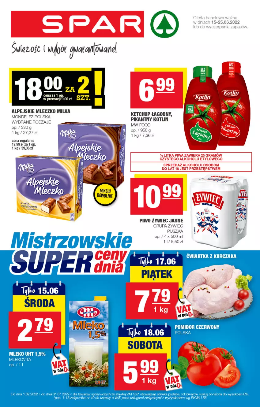 Gazetka promocyjna Spar - Spar - ważna 12.06 do 22.06.2022 - strona 1 - produkty: Kotlin, Kurczak, Mleko, Mlekovita, Piwo, Sok, Top