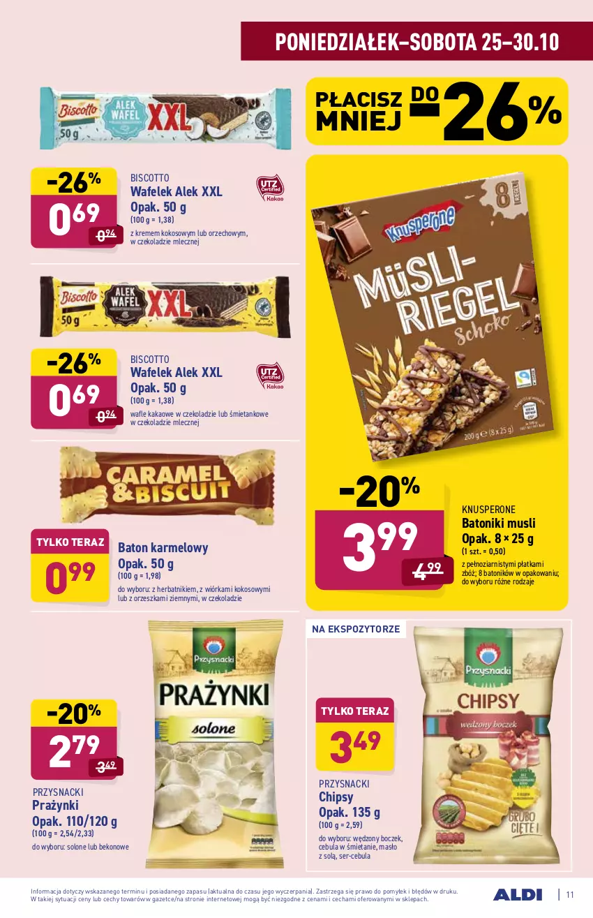 Gazetka promocyjna Aldi - Katalog spożywczy - ważna 25.10 do 30.10.2021 - strona 11 - produkty: Baton, Beko, Boczek, Cebula, Chipsy, Herbatniki, Kakao, Kokos, Masło, Mus, Przysnacki, Ser, Tera, Tonik, Wafelek, Wafle