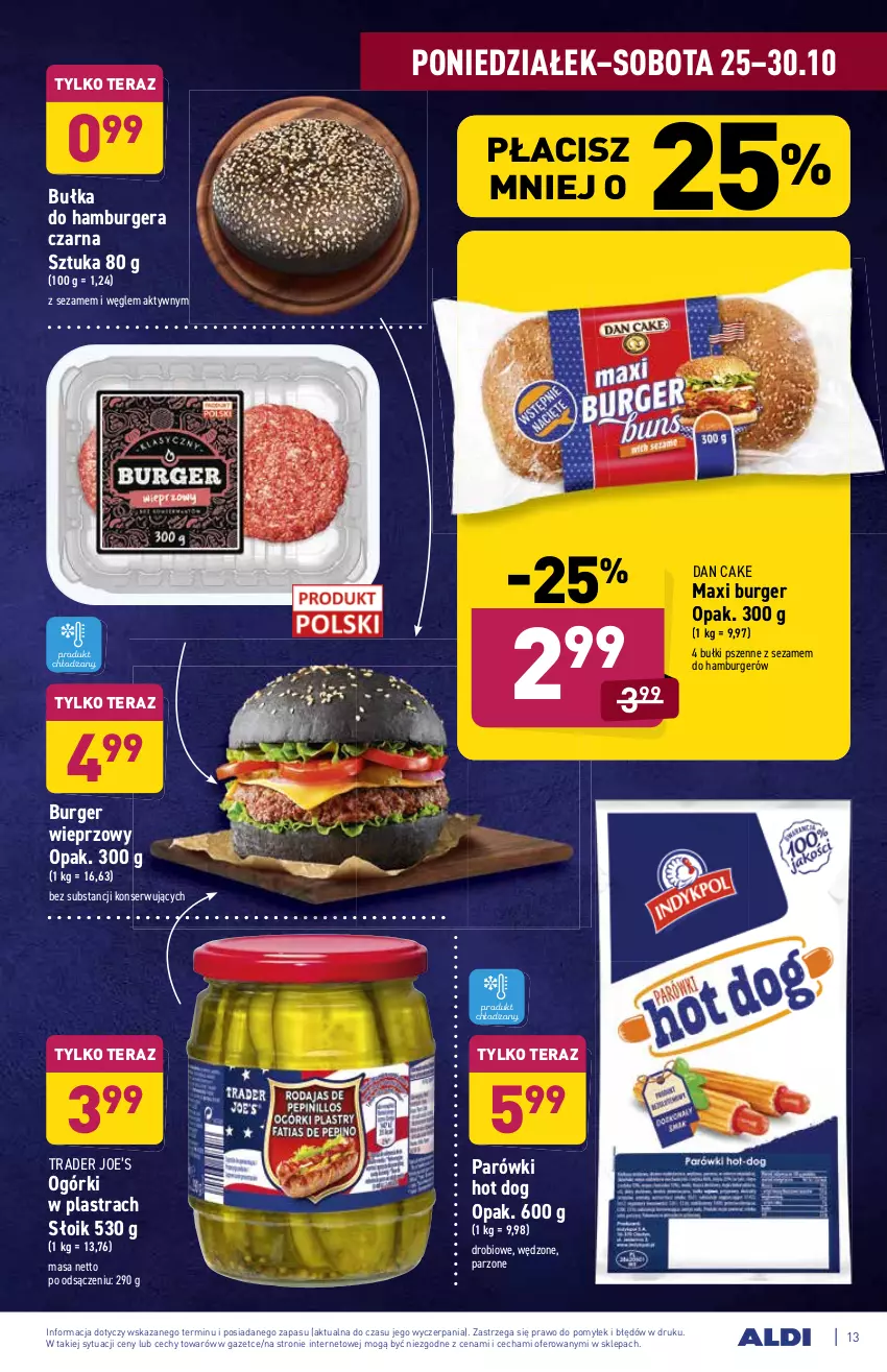 Gazetka promocyjna Aldi - Katalog spożywczy - ważna 25.10 do 30.10.2021 - strona 13 - produkty: Bułka, Burger, Dan Cake, Hamburger, Hot dog, Parówki, Parówki hot dog, Ser, Sezam, Tera