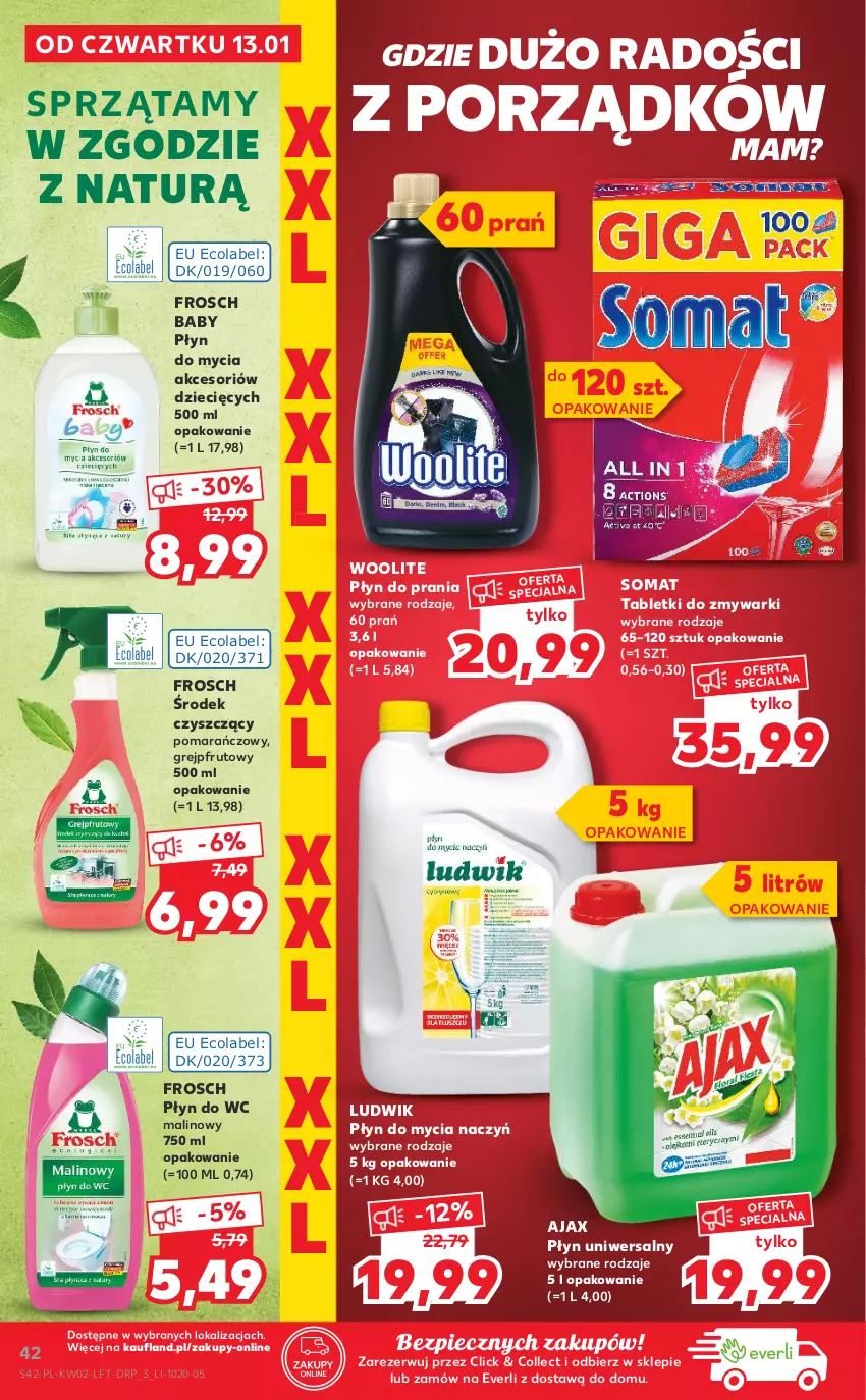 Gazetka promocyjna Kaufland - OFERTA TYGODNIA - ważna 13.01 do 19.01.2022 - strona 42 - produkty: Ajax, Do mycia naczyń, Dzieci, Frosch, Grejpfrut, Ludwik, Piec, Płyn do mycia, Płyn do mycia naczyń, Płyn do prania, Płyn do wc, Por, Somat, Tablet, Tabletki do zmywarki, Woolite, Zmywarki