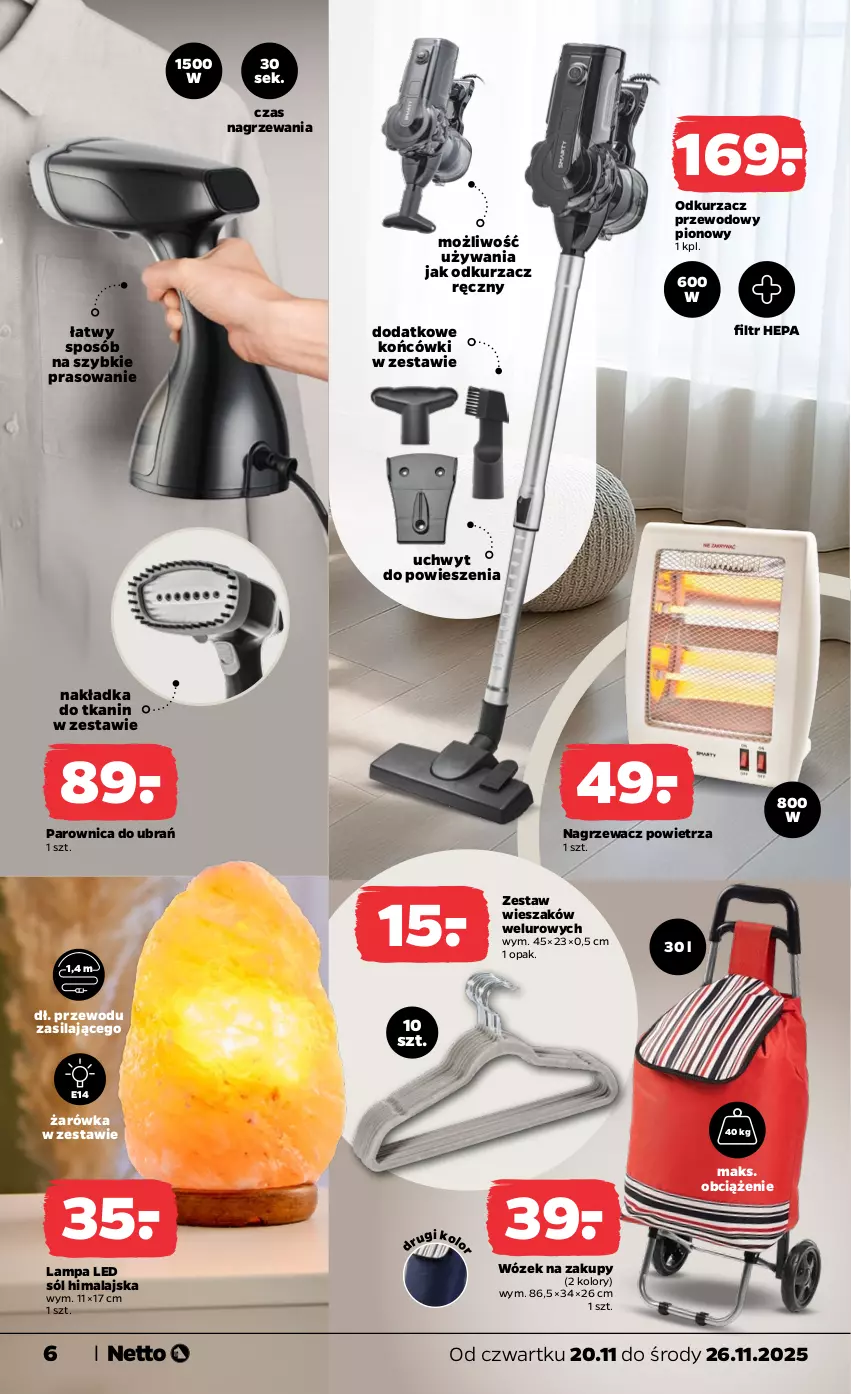 Gazetka promocyjna Netto - Od Czwartku Przemysłowa - ważna 20.11 do 26.11.2025 - strona 6 - produkty: Lampa, Lampa LED, Odkurzacz, Parownica, Sól, Sól himalajska, Wieszak, Wózek, Wózek na zakupy