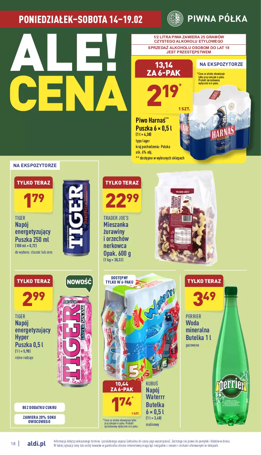 Gazetka promocyjna Aldi - Katalog spożywczy - ważna 14.02 do 19.02.2022 - strona 18 - produkty: Gra, Harnaś, Kubuś, Napój, Piwa, Piwo, Półka, Sok, Tera, Tiger, Woda, Woda mineralna