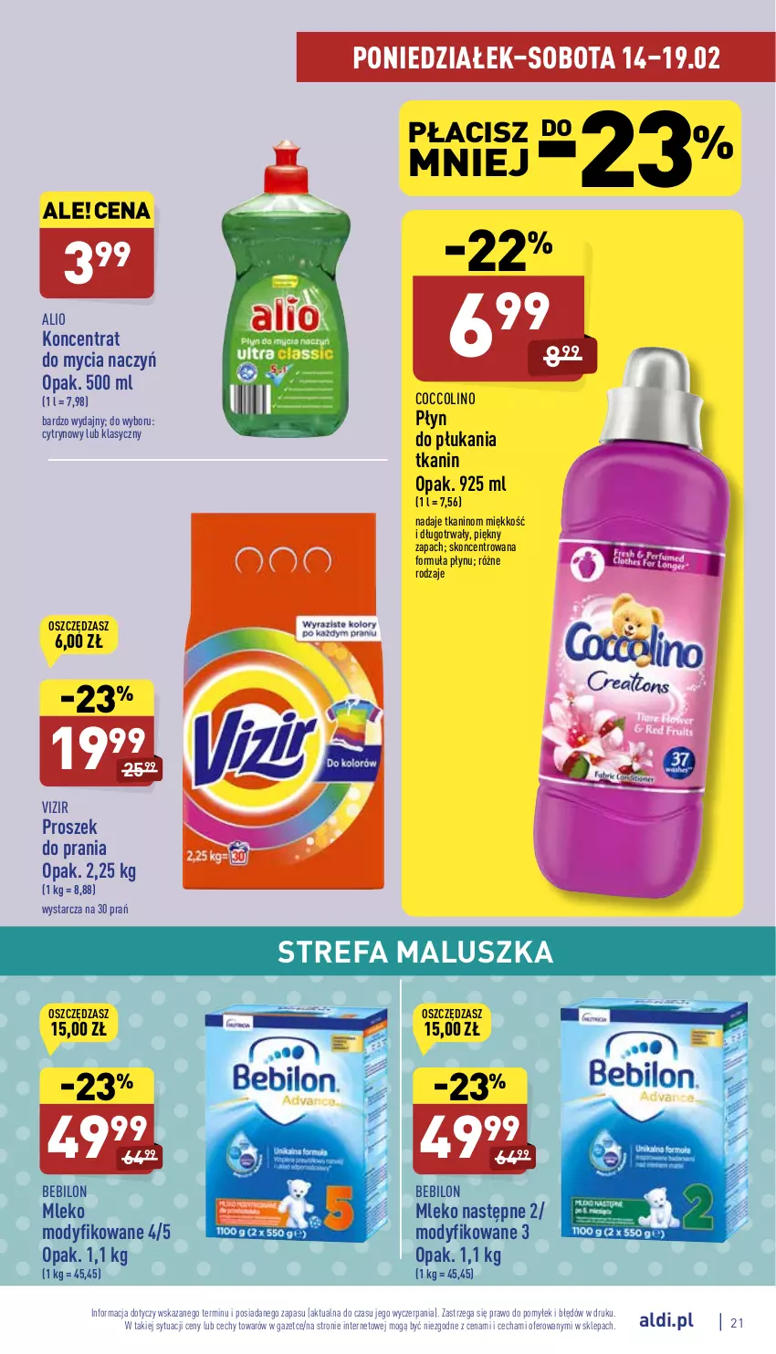 Gazetka promocyjna Aldi - Katalog spożywczy - ważna 14.02 do 19.02.2022 - strona 21 - produkty: BEBILON, Coccolino, Do mycia naczyń, Fa, Koncentrat do mycia naczyń, Mleko, Mleko modyfikowane, O nas, Płyn do płukania, Proszek do prania, Vizir