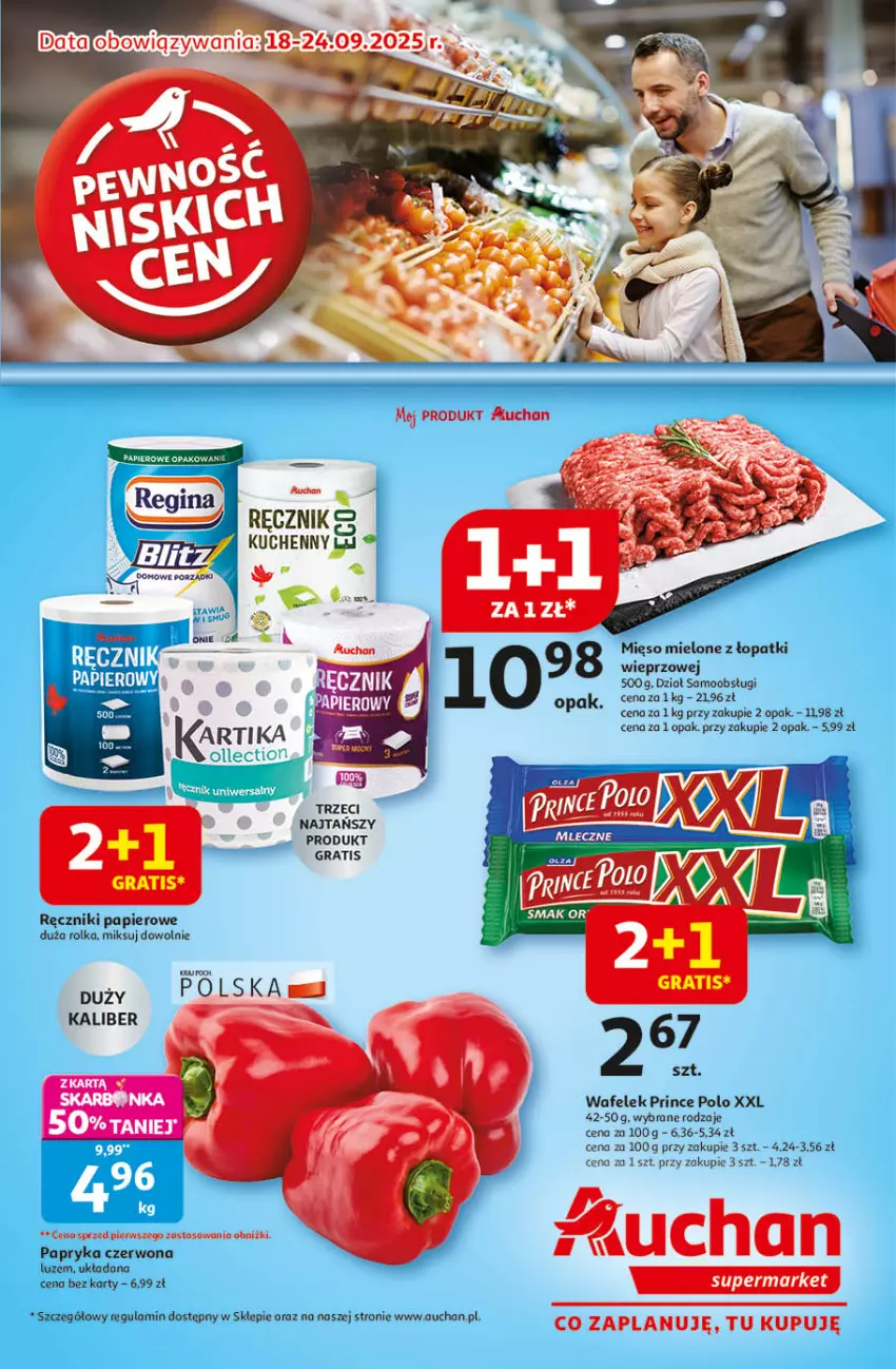 Gazetka promocyjna Auchan - Pewność niskich cen Supermarket - ważna 18.09 do 24.09.2025 - strona 1 - produkty: Gra, Mięso, Mięso mielone, Mięso mielone z łopatki wieprzowej, Papier, Prince Polo, Ręcznik, Ręczniki papierowe, Wafelek