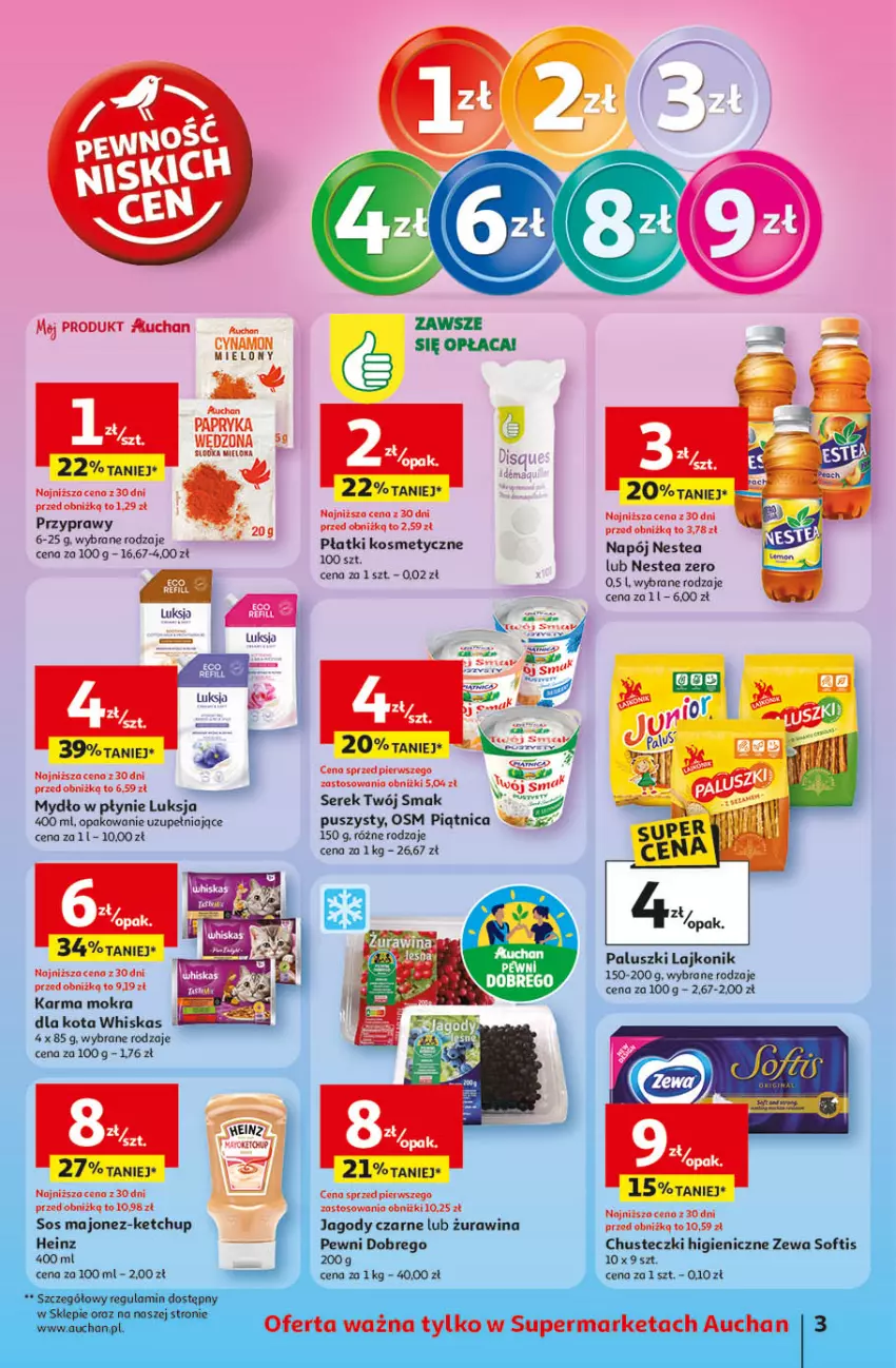 Gazetka promocyjna Auchan - Pewność niskich cen Supermarket - ważna 18.09 do 24.09.2025 - strona 3 - produkty: Lajkonik, Mydło, Mydło w płynie, Napój, Nestea, Papryka, Papryka wędzona, Piątnica, Płatki kosmetyczne, Przyprawy, Ser, Serek, Twój Smak, Whiskas