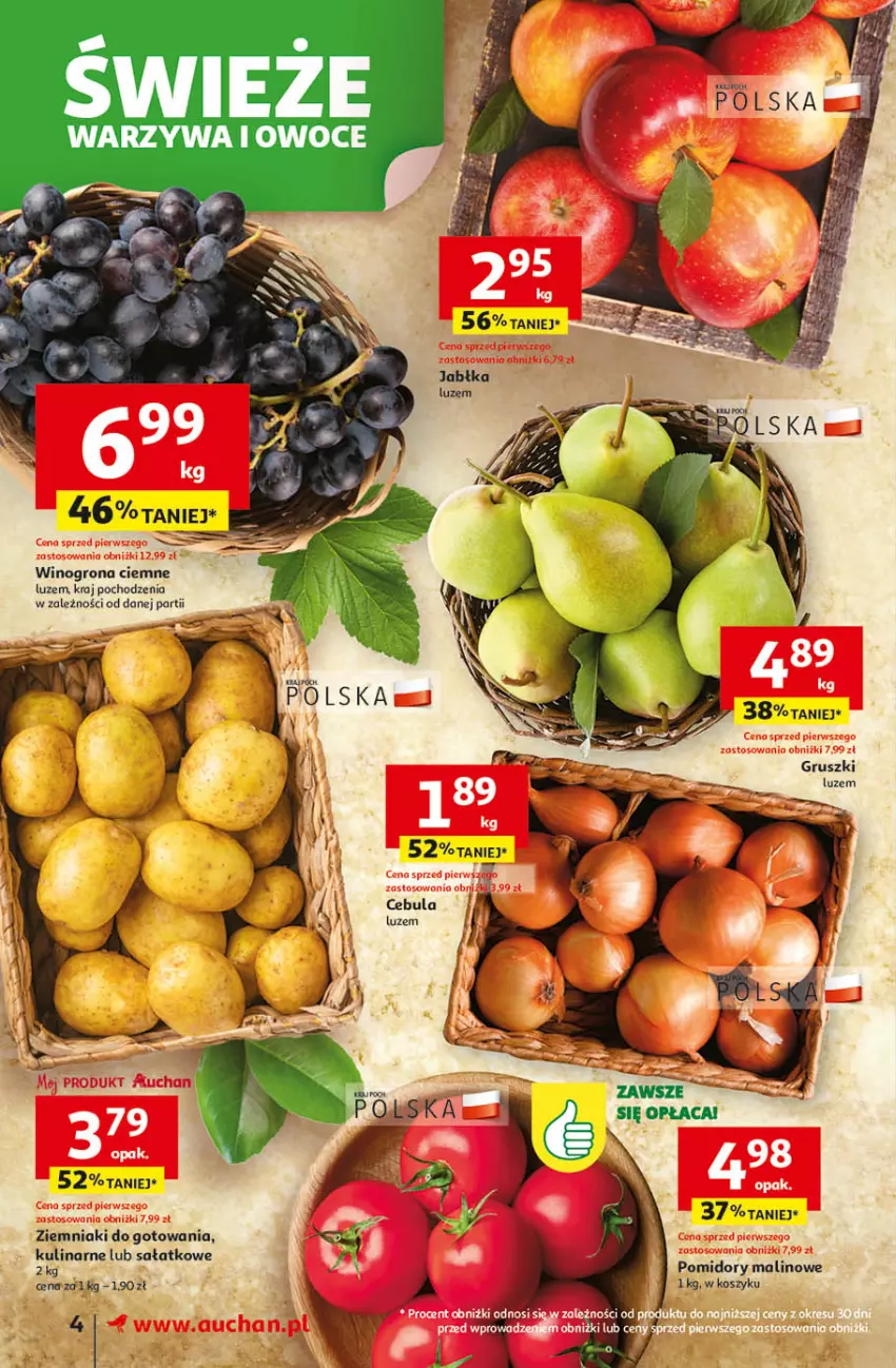 Gazetka promocyjna Auchan - Pewność niskich cen Supermarket - ważna 18.09 do 24.09.2025 - strona 4 - produkty: Cebula, Gruszki, Jabłka, Kosz, Owoce, Pomidory, Sałat, Warzywa, Warzywa i owoce, Wino, Winogrona, Ziemniaki