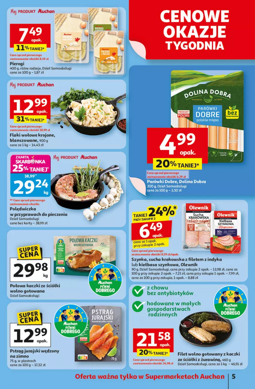 Gazetka promocyjna Auchan - Pewność niskich cen Supermarket - ważna 18.09 do 24.09.2025 - strona 5 - produkty: Flaki, Flaki wołowe, Kiełbasa, Kiełbasa szynkowa, LANA, Olewnik, Piec, Pierogi, Pstrąg, Szynka