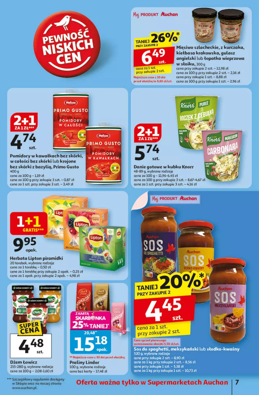 Gazetka promocyjna Auchan - Pewność niskich cen Supermarket - ważna 18.09 do 24.09.2025 - strona 7 - produkty: Bazyl, Danie gotowe, Dżem, Herbata, Kawa, Kiełbasa, Kiełbasa krakowska, Knorr, Kurczak, Lindor, Lipton, Mus, Pomidory, Pomidory w kawałkach, Praliny, Rum