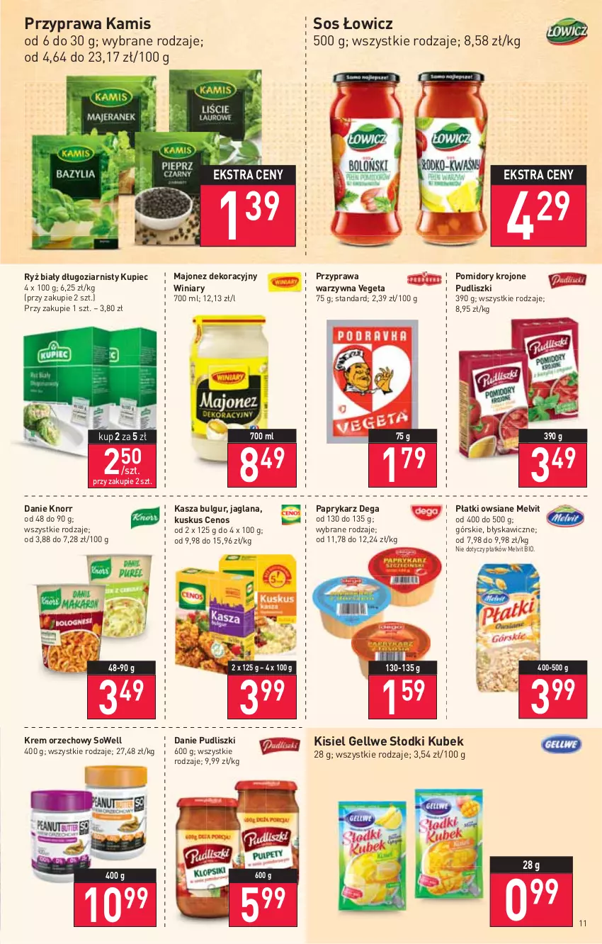 Gazetka promocyjna Stokrotka - Supermarket - ważna 03.03 do 09.03.2022 - strona 11 - produkty: Bulgur, Cenos, Dega, Kamis, Kasza, Kisiel, Knorr, Krem orzechowy, Kubek, Kupiec, Kuskus, LANA, LG, Majonez, Melvit, Papryka, Paprykarz, Piec, Płatki owsiane, Pomidory, Pomidory krojone, Pudliszki, Ryż, Ryż biały, Sos, Vegeta, Winiary