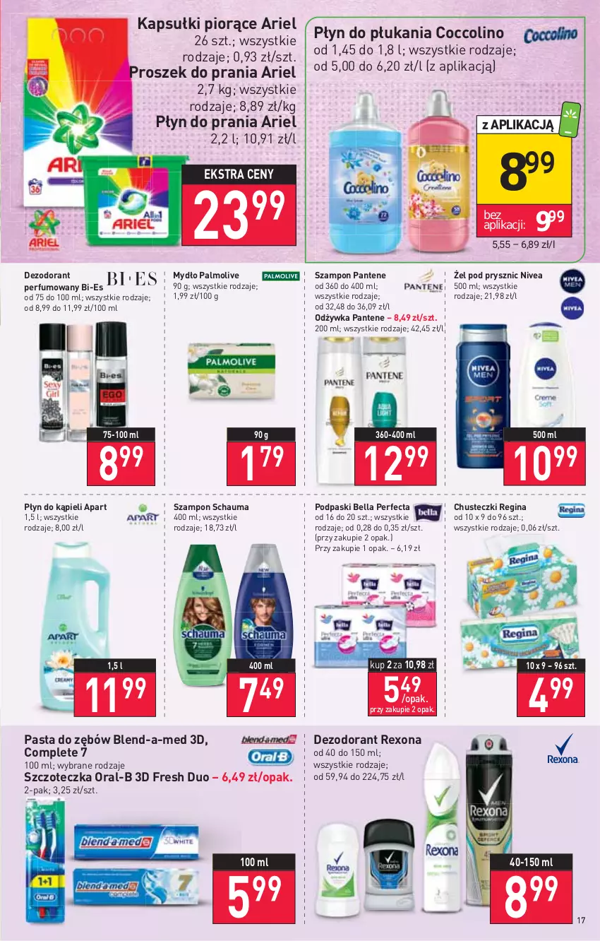 Gazetka promocyjna Stokrotka - Supermarket - ważna 03.03 do 09.03.2022 - strona 17 - produkty: Ariel, Bell, Bella, Blend-a-Med, Chusteczki, Coccolino, Dezodorant, Gin, Mydło, Nivea, Odżywka, Palmolive, Pantene, Pasta do zębów, Perfecta, Perfum, Płyn do kąpieli, Płyn do płukania, Płyn do prania, Podpaski, Proszek do prania, Rexona, Schauma, Szampon, Szczoteczka