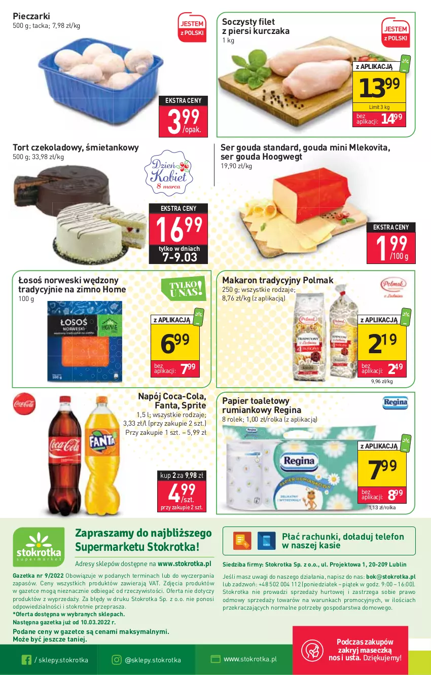 Gazetka promocyjna Stokrotka - Supermarket - ważna 03.03 do 09.03.2022 - strona 20 - produkty: Coca-Cola, Fa, Fanta, Filet z piersi kurczaka, Gin, Gouda, Kurczak, Makaron, Mleko, Mlekovita, Napój, O nas, Olma, Papier, Papier toaletowy, Piec, Rum, Ser, Sprite, Telefon, Wagi