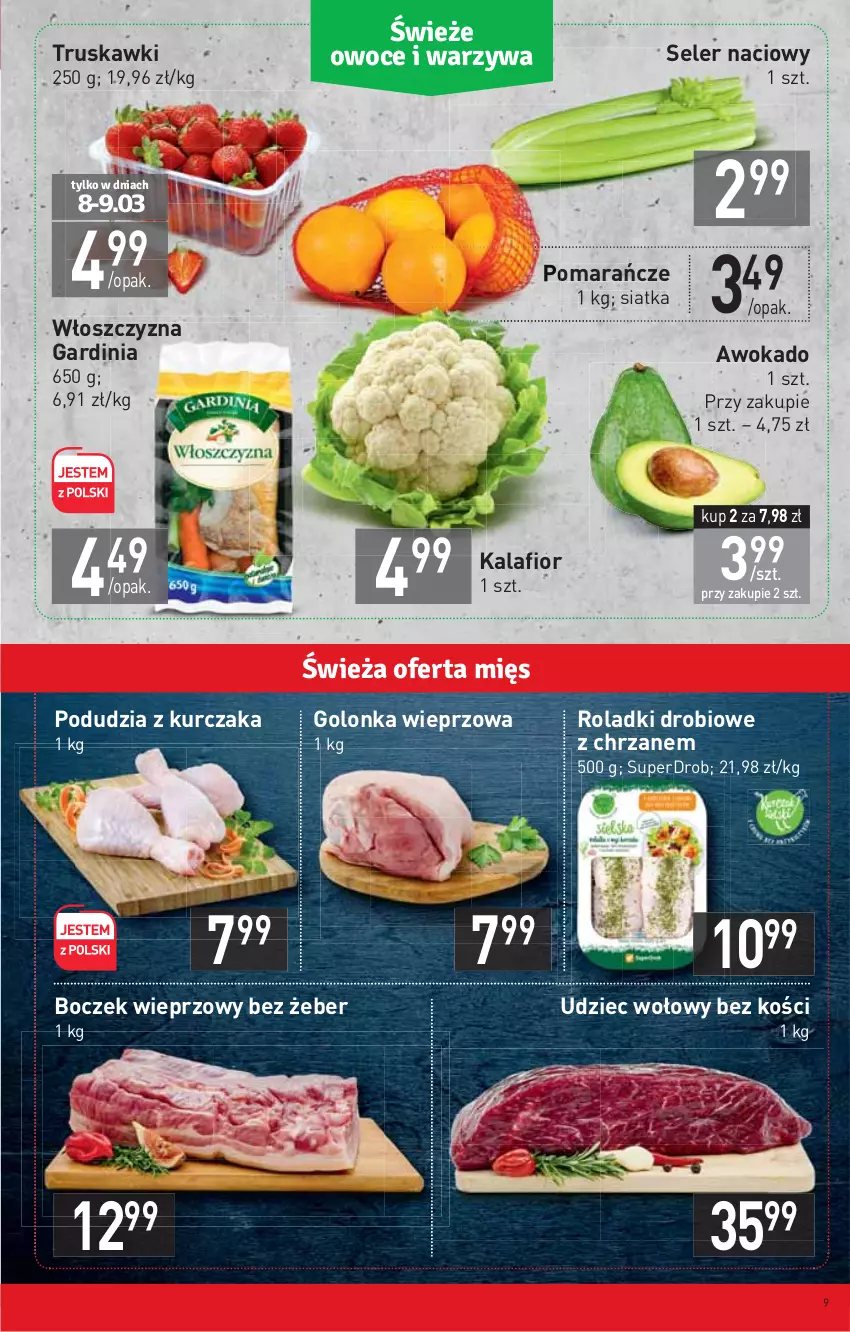 Gazetka promocyjna Stokrotka - Supermarket - ważna 03.03 do 09.03.2022 - strona 9 - produkty: Boczek, Boczek wieprzowy, Chrzan, Golonka wieprzowa, Kalafior, Kurczak, Pomarańcze, Seler naciowy, Siatka, Truskawki, Udziec wołowy