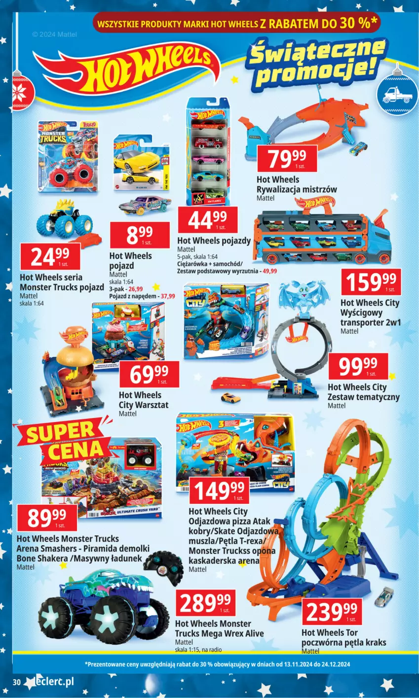 Gazetka promocyjna E Leclerc - Mikołaj - ważna 12.11 do 07.12.2024 - strona 30 - produkty: Hot Wheels, Kask, Kaskaderska arena, Mattel, Monster truck, Mus, Pizza, Pojazd, Por, Samochód, Ser, Sport, Tran, Wyrzutnia