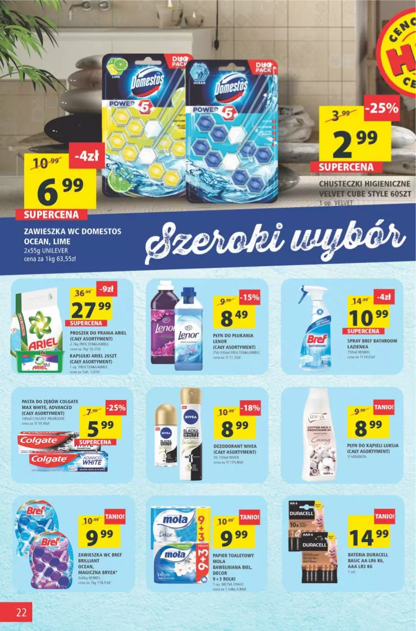 Gazetka promocyjna Arhelan - Gazetka - ważna 27.08 do 05.09.2021 - strona 22 - produkty: Ariel, Bateria, Bref, Bryza, Chusteczki, Colgate, Dezodorant, Domestos, Duracell, Lenor, LG, Luksja, Mola, Nivea, Papier, Papier toaletowy, Pasta do zębów, Płyn do kąpieli, Płyn do płukania, Proszek do prania, Rolki, Tera