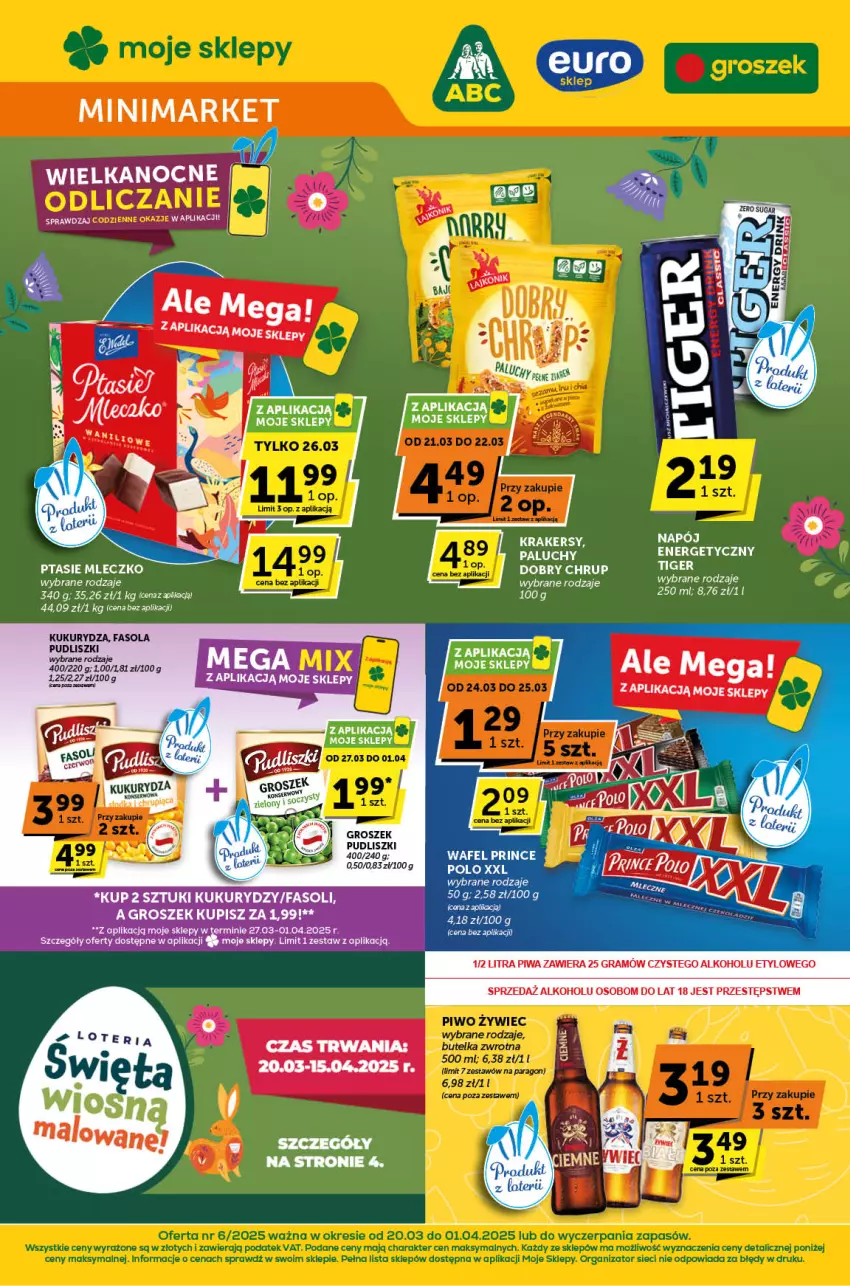 Gazetka promocyjna ABC - ważna 20.03 do 01.04.2025 - strona 1 - produkty: Fa, Fasola, Groszek, Krakersy, Kukurydza, Mleczko, Napój, Ptasie mleczko, Pudliszki, Tiger