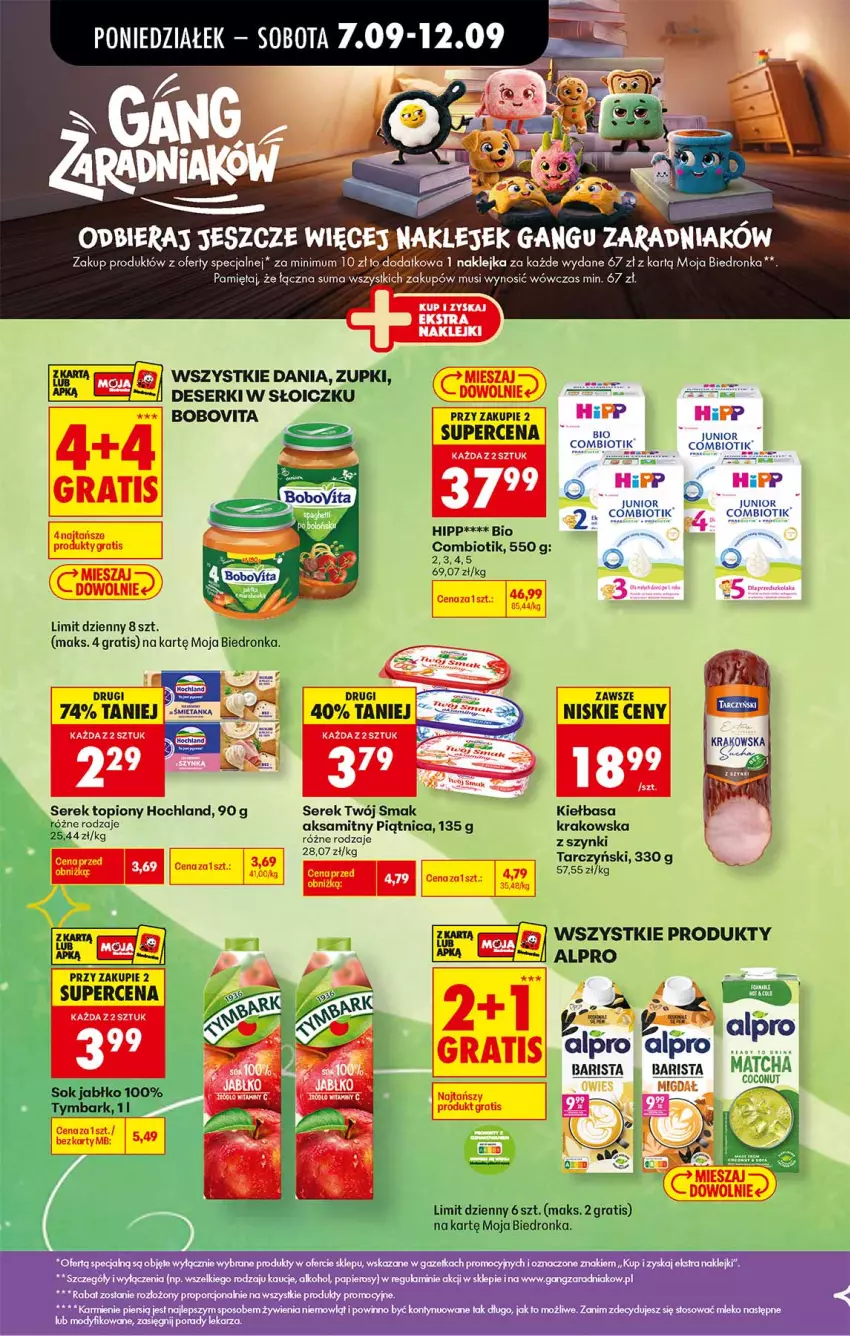 Gazetka promocyjna Biedronka - Gazetka - ważna 07.09 do 14.09.2026 - strona 10 - produkty: Aksam, Alpro, BoboVita, Deser, Gra, HiPP, Hochland, Karmi, Kiełbasa, Kiełbasa krakowska, Klej, Mięta, Mleko, Mus, O nas, Papier, Piątnica, Por, Ser, Serek, Sok, Tarczyński, Top, Twój Smak, Tymbark
