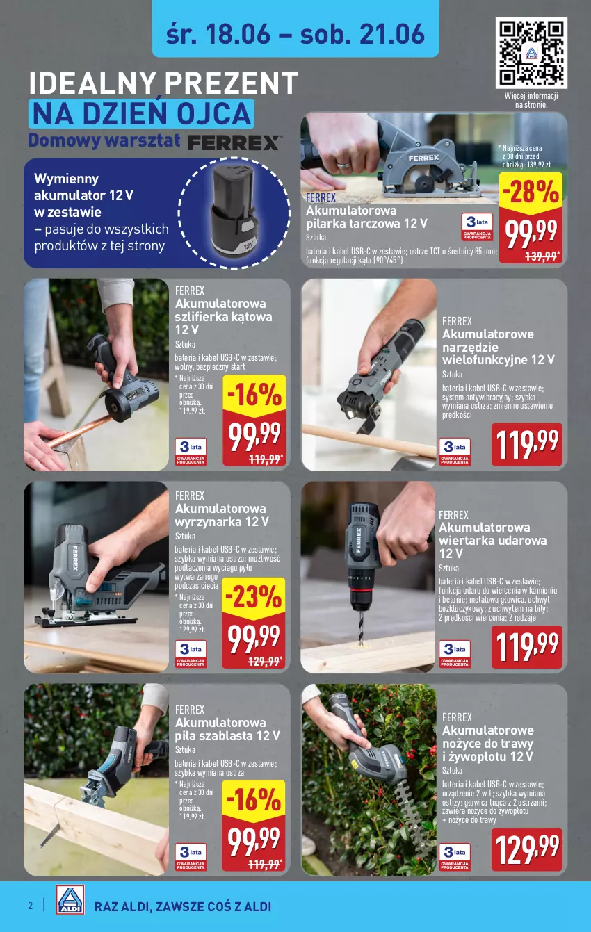 Gazetka promocyjna Aldi - Artykuły przemysłowe i tekstylia - ważna 18.06 do 21.06.2025 - strona 2 - produkty: Akumulator, Bateria, Kabel USB, Noż, Nożyce, Piec, Pilarka tarczowa, Szlifierka, Szlifierka kątowa, Tarka, Wiertarka, Wiertarka udarowa, Wyrzynarka