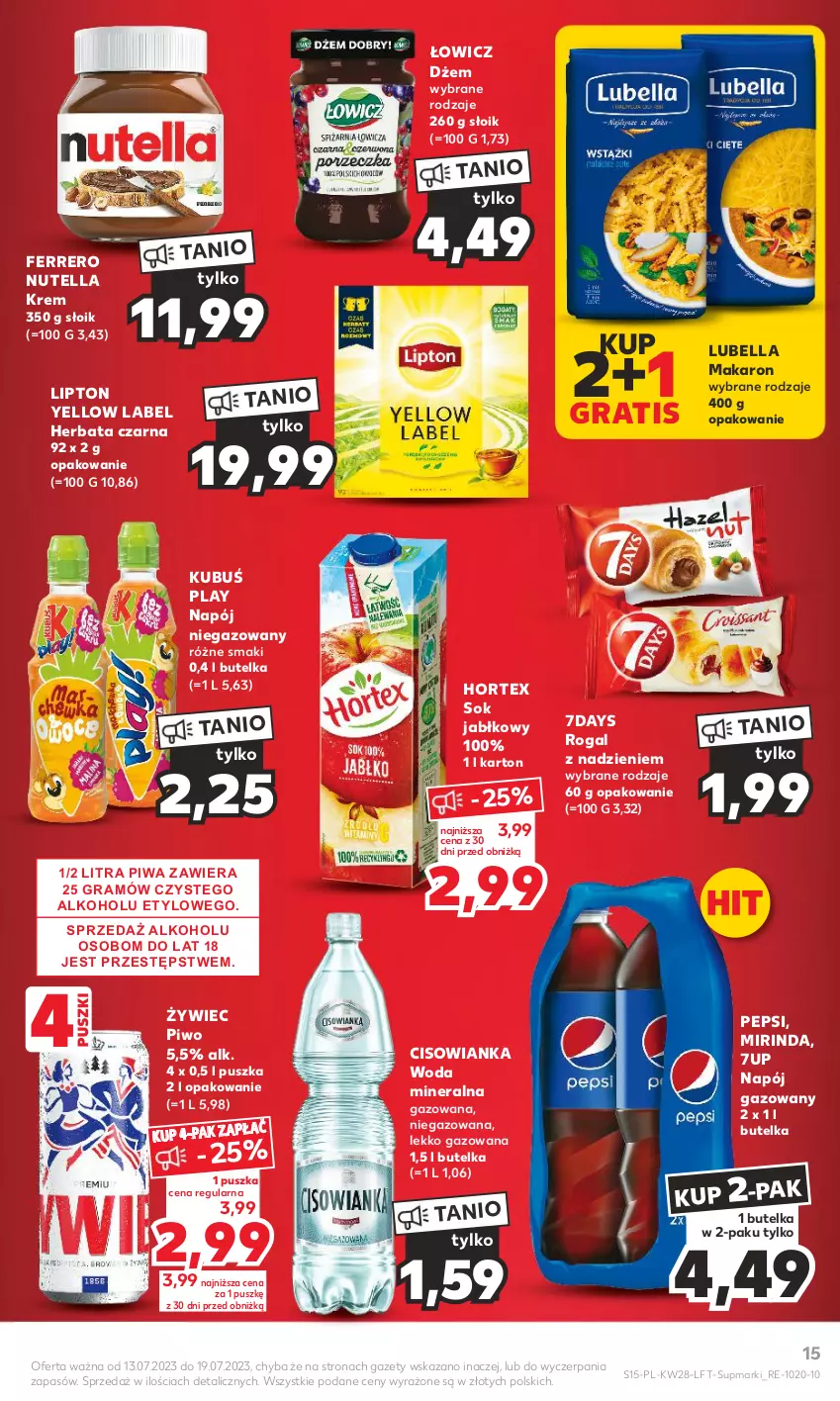 Gazetka promocyjna Kaufland - Gazetka tygodnia - ważna 13.07 do 19.07.2023 - strona 15 - produkty: 7up, Bell, Bella, Cisowianka, Dżem, Ferrero, Gra, Herbata, Herbata czarna, Hortex, Kubuś, Lipton, Lubella, Makaron, Mirinda, Napój, Napój gazowany, Napój niegazowany, Nutella, Pepsi, Piwa, Piwo, Rogal, Sok, Sok jabłkowy, Woda, Woda mineralna