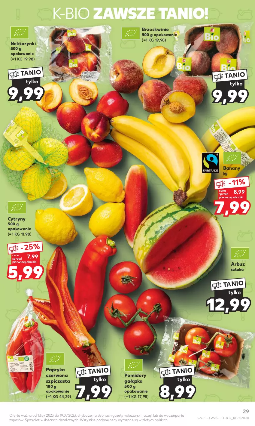 Gazetka promocyjna Kaufland - Gazetka tygodnia - ważna 13.07 do 19.07.2023 - strona 29 - produkty: Arbuz, Banany, Brzoskwinie, Cytryny, Nektar, Papryka, Papryka czerwona, Pomidory, Szpic