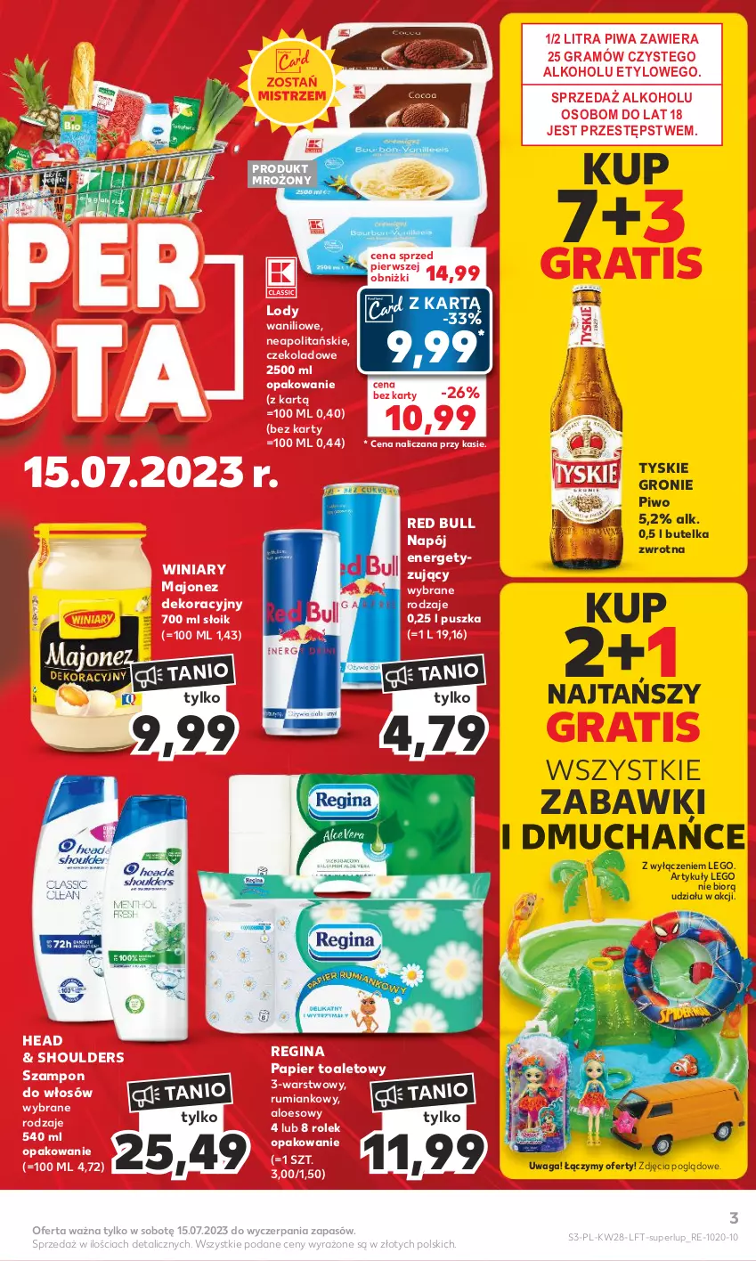 Gazetka promocyjna Kaufland - Gazetka tygodnia - ważna 13.07 do 19.07.2023 - strona 3 - produkty: Gin, Gra, LEGO, Lody, Majonez, Napój, Papier, Papier toaletowy, Piwa, Piwo, Red Bull, Rum, Szampon, Tyskie, Waga, Winiary