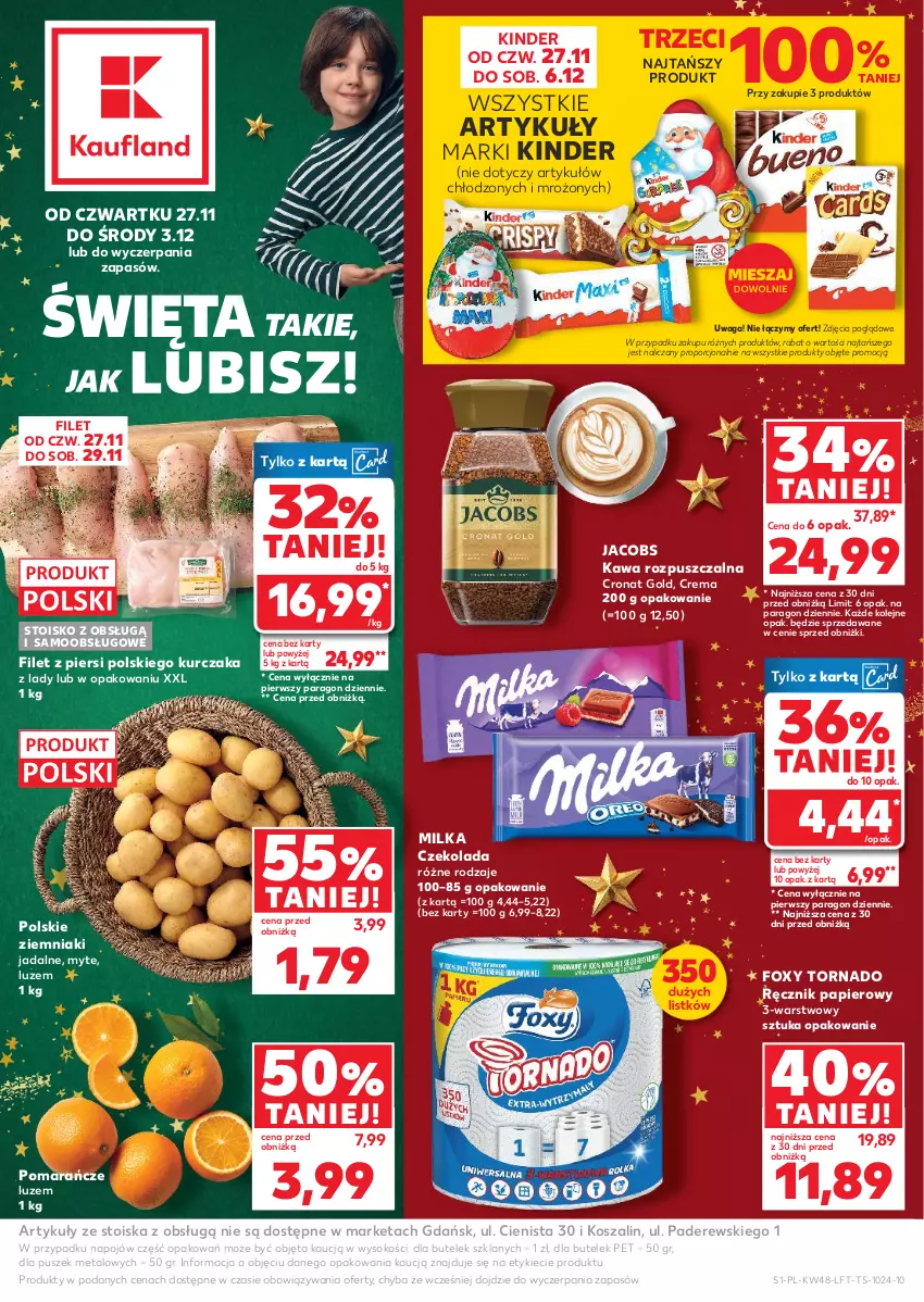 Gazetka promocyjna Kaufland - Gazetka tygodnia - ważna 27.11 do 03.12.2025 - strona 1 - produkty: Czekolada, Foxy, Jacobs, Kawa, Kawa rozpuszczalna, Kinder, Kosz, Kurczak, Milka, Olej, Papier, Pomarańcze, Por, Ręcznik, Sok, Szal, Waga, Ziemniaki