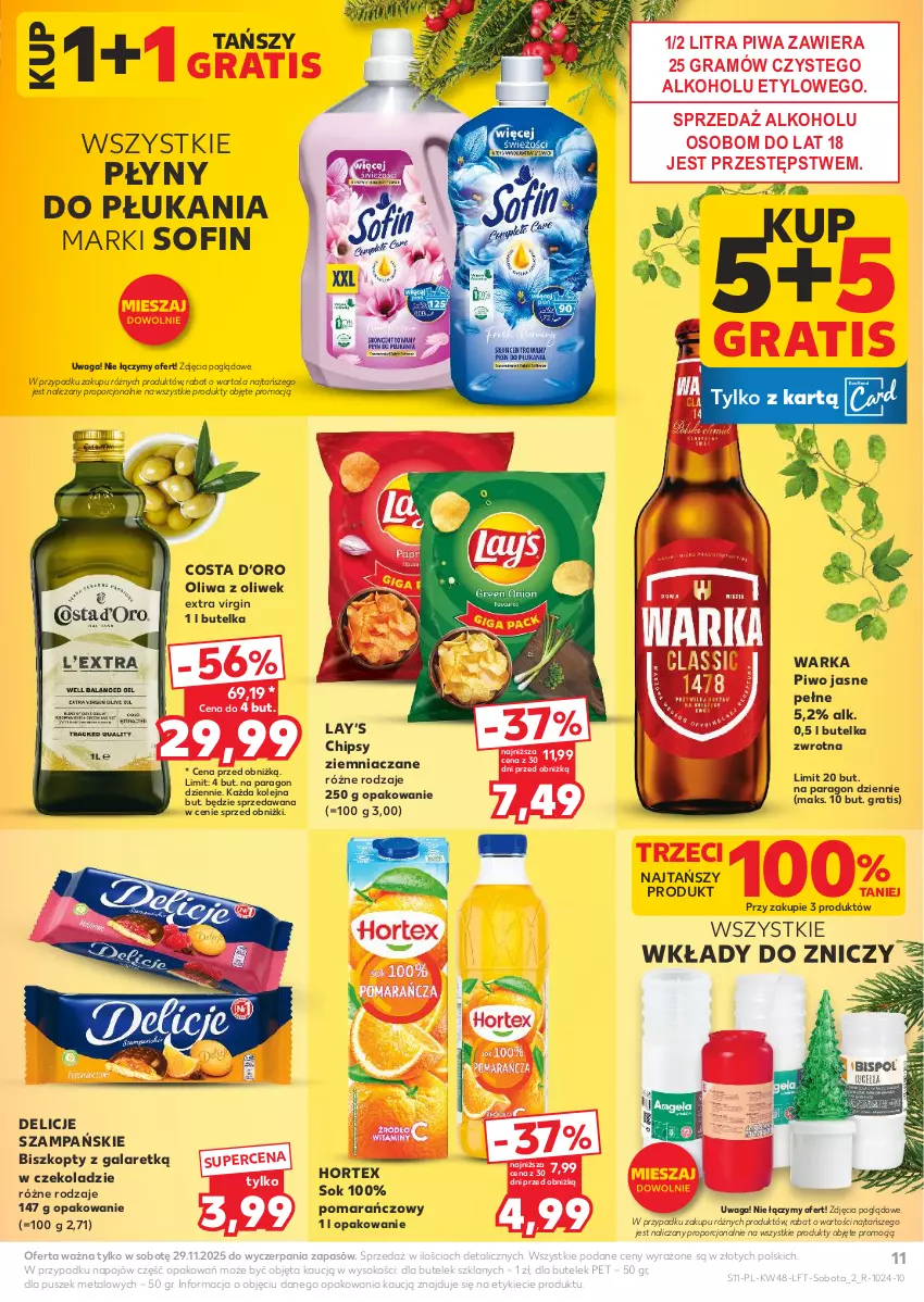 Gazetka promocyjna Kaufland - Gazetka tygodnia - ważna 27.11 do 03.12.2025 - strona 11 - produkty: Biszkopty, Chipsy, Delicje, Gala, Gin, Gra, Hortex, Lay’s, Olej, Oliwa, Oliwa z oliwek, Piwa, Piwo, Piwo jasne, Por, Sok, Waga, Warka, Znicz