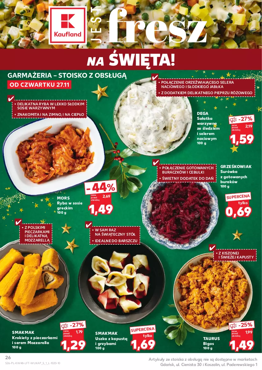 Gazetka promocyjna Kaufland - Gazetka tygodnia - ważna 27.11 do 03.12.2025 - strona 26 - produkty: Bigos, Dega, Jabłka, Kapustą, Kosz, Krokiety, Mozzarella, Piec, Pieczarka, Pieprz, Ryba, Sałat, Sałatka, Sałatka warzywna, Ser, Sos, Stół, Surówka, Szal