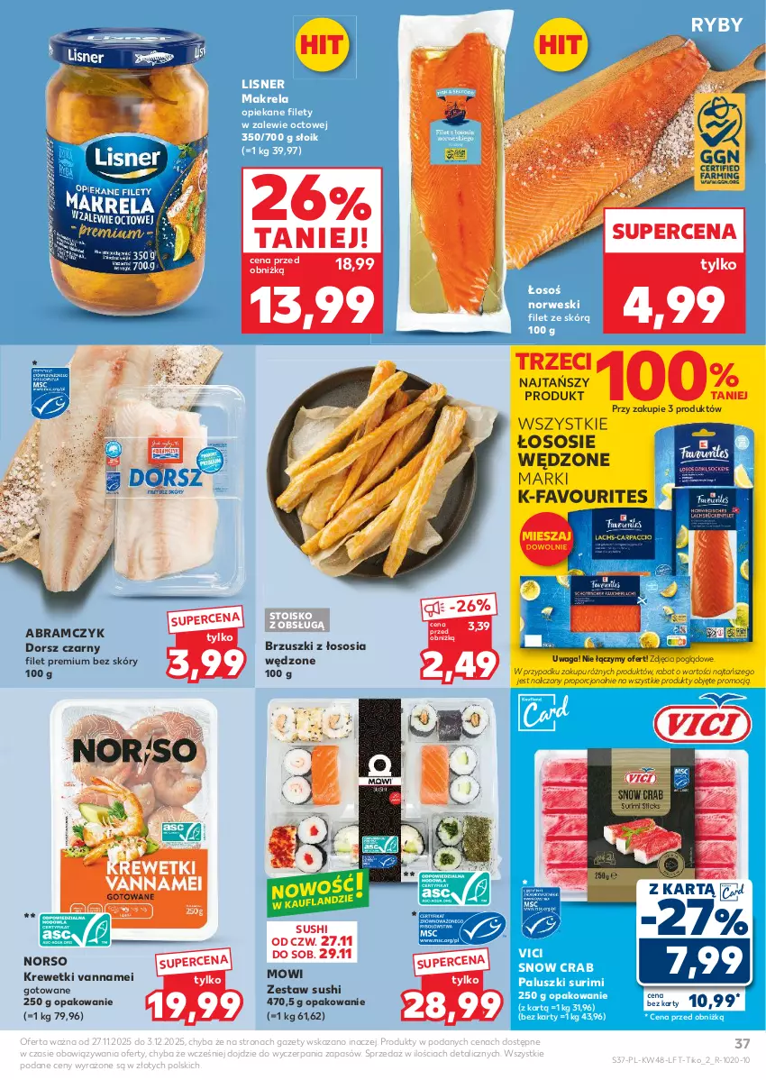 Gazetka promocyjna Kaufland - Gazetka tygodnia - ważna 27.11 do 03.12.2025 - strona 37 - produkty: Brzuszki z łososia, Dorsz, Fa, Krewetki, Lisner, Por, Sos, Surimi, Sushi, Waga