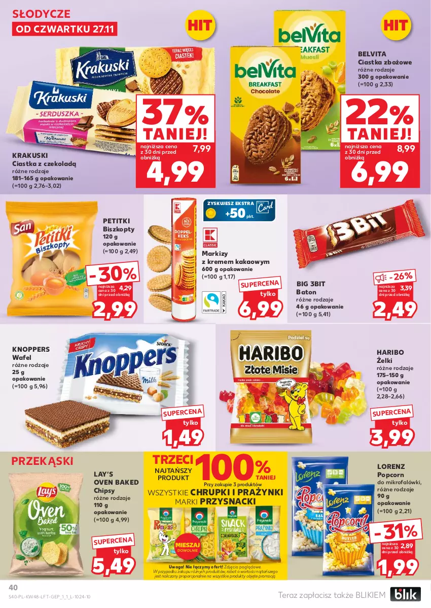 Gazetka promocyjna Kaufland - Gazetka tygodnia - ważna 27.11 do 03.12.2025 - strona 40 - produkty: Baton, BelVita, Biszkopty, Chipsy, Chrupki, Ciastka, Fa, Haribo, Kakao, Knoppers, Krakus, Krakuski, Lay’s, Lorenz, Popcorn, Por, Przysnacki, Tera, Vita C, Waga