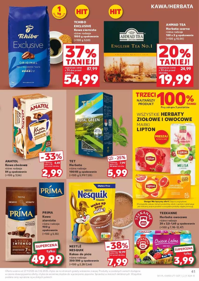 Gazetka promocyjna Kaufland - Gazetka tygodnia - ważna 27.11 do 03.12.2025 - strona 41 - produkty: Herbata, Herbata czarna, Herbata owocowa, Kakao, Kawa, Kawa zbożowa, Kawa ziarnista, Lipton, Nesquik, Nestlé, Por, Prima, Tchibo, Teekanne, Waga