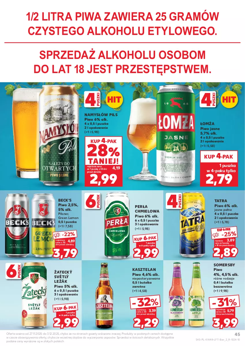 Gazetka promocyjna Kaufland - Gazetka tygodnia - ważna 27.11 do 03.12.2025 - strona 45 - produkty: Gra, Kasztelan, Namysłów, Perła, Piwa, Piwo, Piwo jasne, Somersby, Tatra
