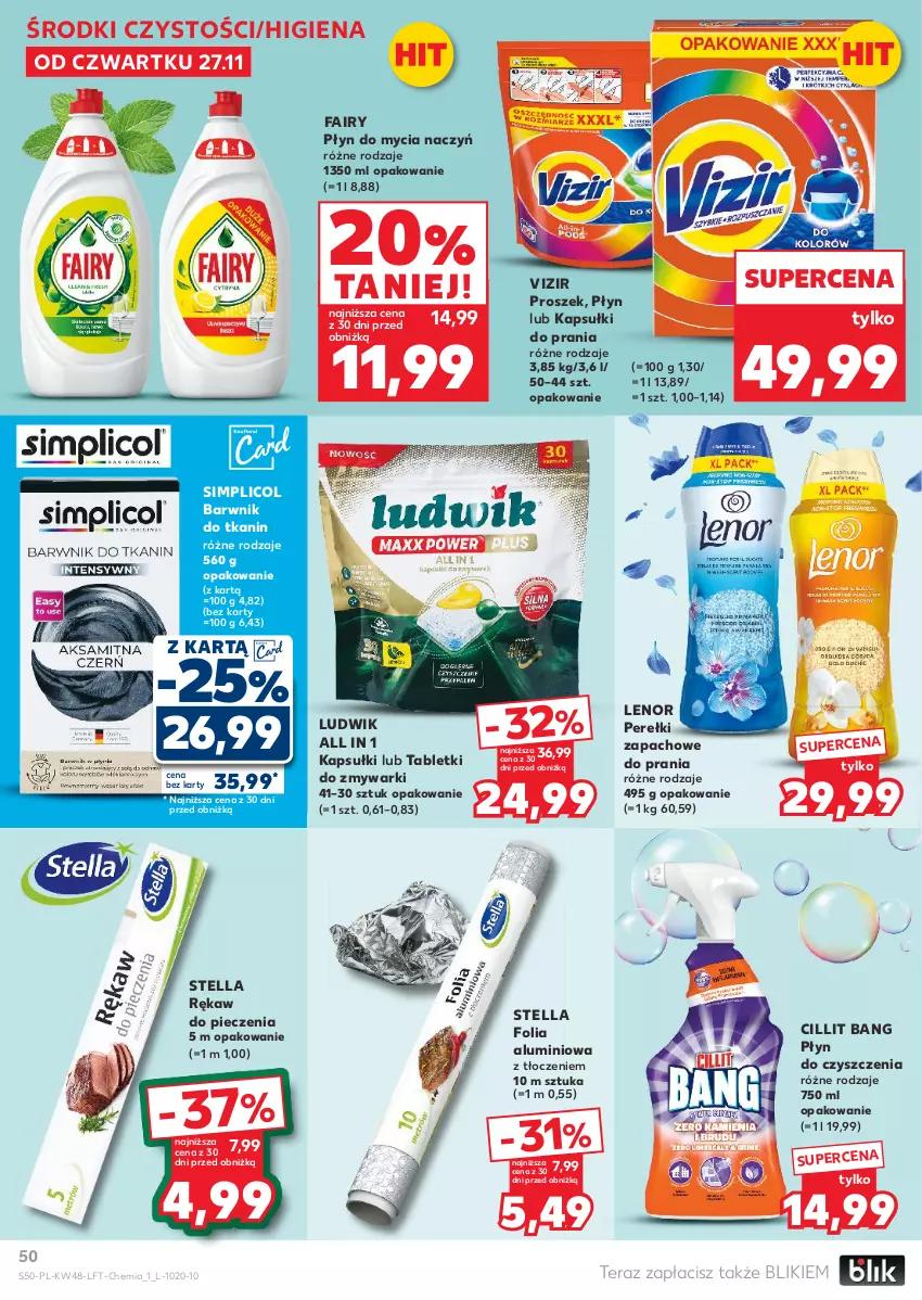 Gazetka promocyjna Kaufland - Gazetka tygodnia - ważna 27.11 do 03.12.2025 - strona 50 - produkty: Cillit Bang, Do mycia naczyń, Fa, Fairy, Folia aluminiowa, Kapsułki do prania, Lenor, Ludwik, Perełki zapachowe, Piec, Płyn do mycia, Płyn do mycia naczyń, Rękaw do pieczenia, Simplic, Tablet, Tabletki do zmywarki, Tera, Vizir, Zmywarki