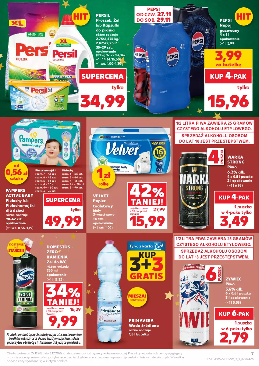 Gazetka promocyjna Kaufland - Gazetka tygodnia - ważna 27.11 do 03.12.2025 - strona 7 - produkty: Domestos, Dzieci, Gra, Kapsułki do prania, LANA, Majtki, Napój, Napój gazowany, Pampers, Papier, Papier toaletowy, Pepsi, Persil, Pieluchomajtki, Pieluchy, Piwa, Piwo, Prima, Primavera, Velvet, Warka, Woda