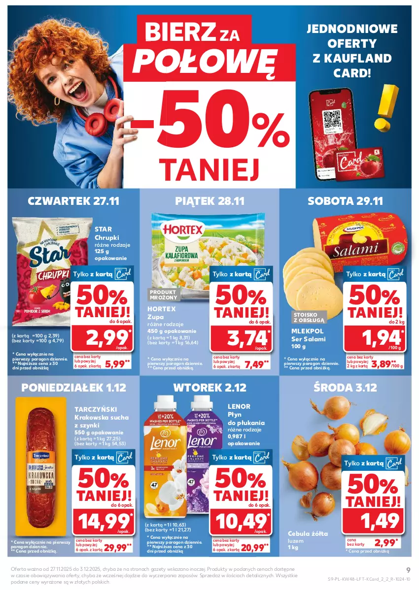 Gazetka promocyjna Kaufland - Gazetka tygodnia - ważna 27.11 do 03.12.2025 - strona 9 - produkty: Cebula, Chrupki, Hortex, Lenor, Płyn do płukania, Salami, Ser, Ser salami, Tarczyński, Zupa