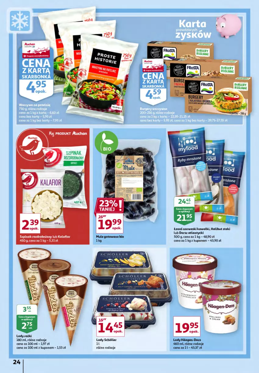 Gazetka promocyjna Auchan - Sezon na radość Hipermarkety - ważna 20.05 do 26.05.2021 - strona 24 - produkty: Dorsz, Fa, Halibut, Kalafior, Kawa, Lody, Stek, Szpinak