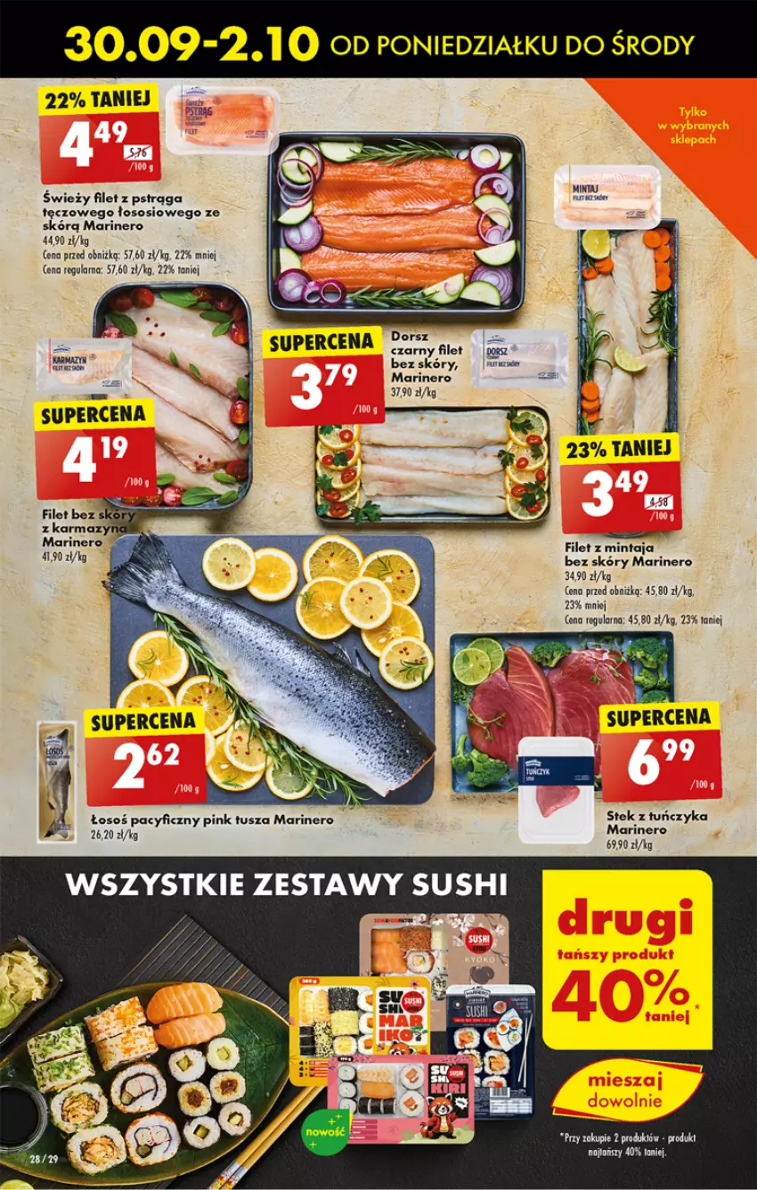 Gazetka promocyjna Biedronka - Od Poniedziałku - ważna 30.09 do 05.10.2024 - strona 34 - produkty: Dorsz, Filet z mintaja, Filet z pstrąga, Mintaj, Pstrąg, Sos, Stek, Sushi, Tuńczyk, Tusz