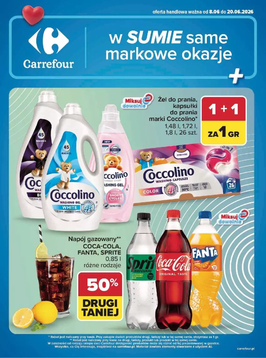 Gazetka promocyjna Carrefour - Gazetka w SUMIE same markowe okazje - ważna 08.06 do 20.06.2026 - strona 1 - produkty: Coca-Cola, Coccolino, Fa, Fanta, Kapsułki do prania, Napój, Napój gazowany, Sprite