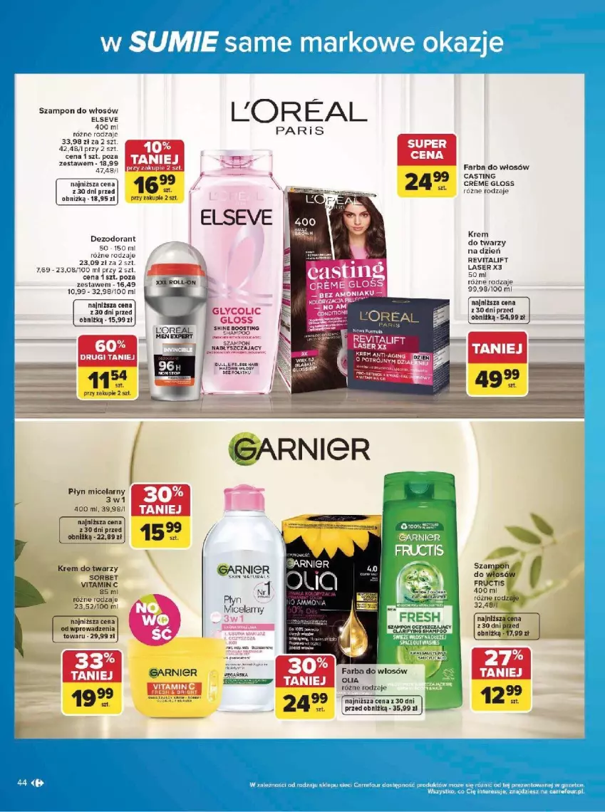 Gazetka promocyjna Carrefour - Gazetka w SUMIE same markowe okazje - ważna 08.06 do 20.06.2026 - strona 44 - produkty: Dezodorant, Elseve, Fa, Farba do włosów, Garnier, Krem do twarzy, LG, Płyn micelarny, Ser, Szampon