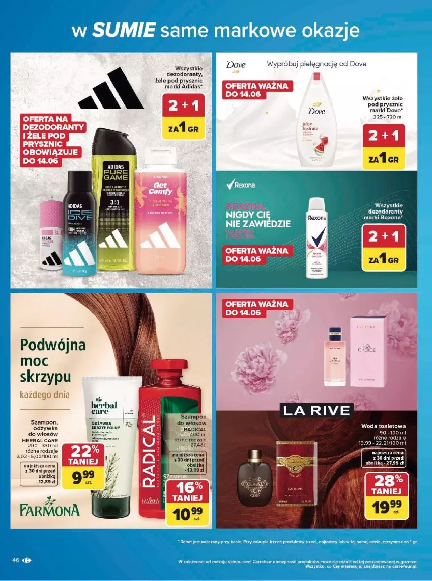 Gazetka promocyjna Carrefour - Gazetka w SUMIE same markowe okazje - ważna 08.06 do 20.06.2026 - strona 46 - produkty: Adidas, Dezodorant, Dove, Fa, Odżywka, Rexona, Szampon, Woda, Woda toaletowa