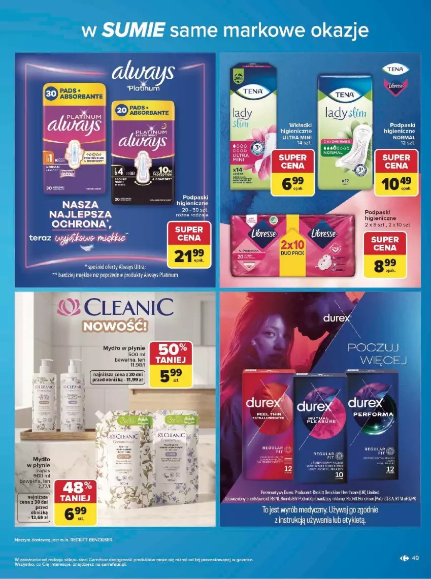 Gazetka promocyjna Carrefour - Gazetka w SUMIE same markowe okazje - ważna 08.06 do 20.06.2026 - strona 49 - produkty: Always, Always Ultra, Durex, Fa, Mydło, Mydło w płynie, Podpaski, Prezerwatyw, Ser, Wełna, Wkładki